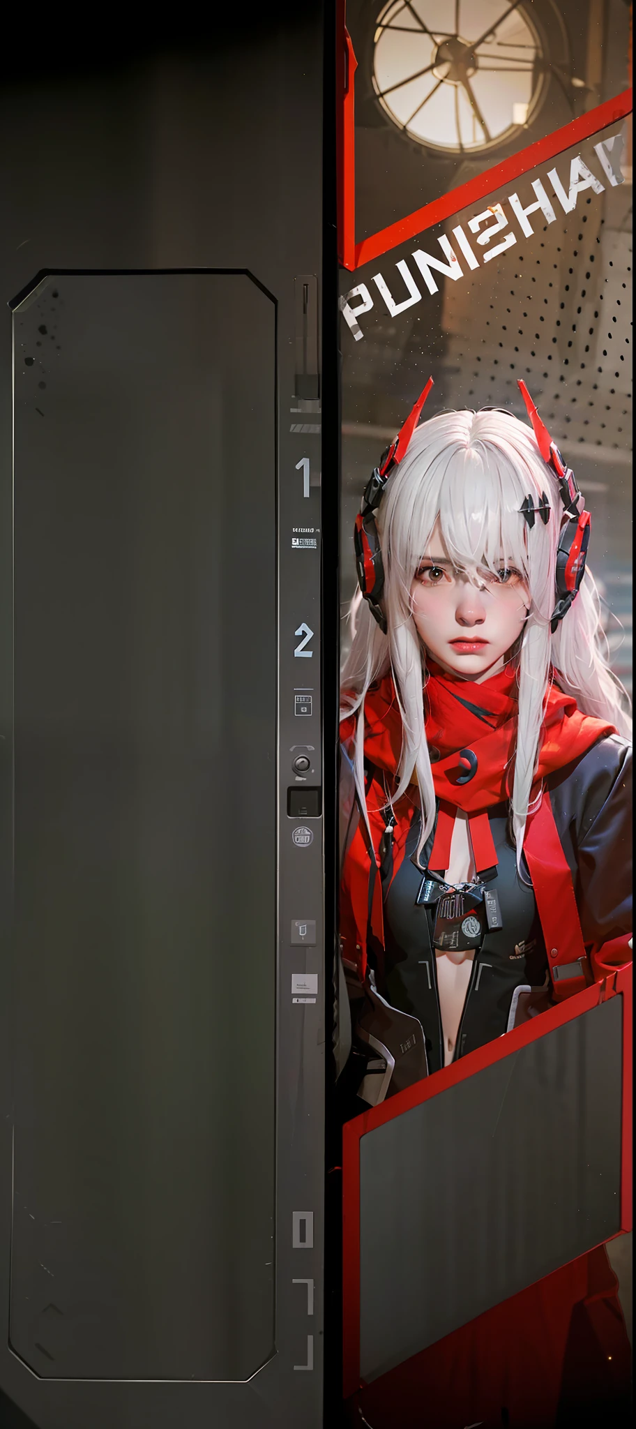 Photorealistic, white hair, sci-fi girl, lucia alpha, red shall, medium breasts, opened collars, sci-fi face ornaments, black and red dress, sci fi dress, high quality