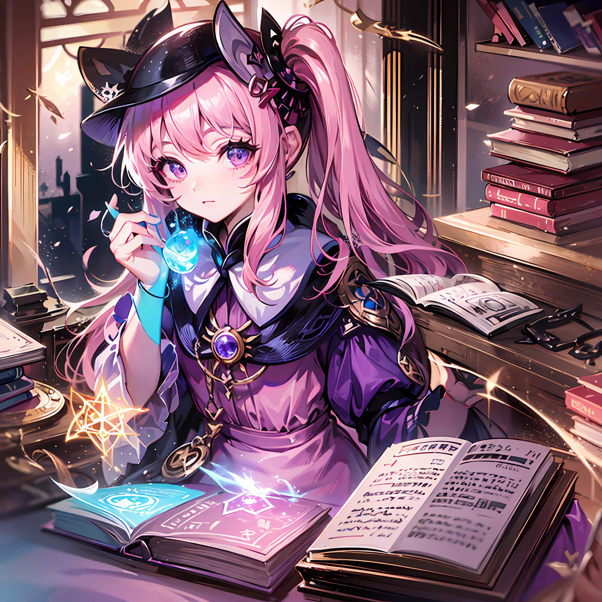 Light dark pink hair, (side ponytail), right side, snowflake ornamented hairpin, purple fine eyes, pink beautiful long dress, magic light surrounding, magic book, pentagram, eye condensation, attention to detail, highest quality, girl, books, avatar