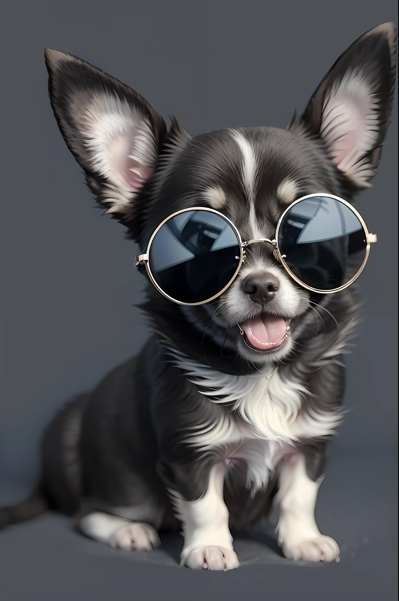sticker style, vector lines, black and white color, cute anime chihuahua, chihuahua, long tongue, sticker style, very small ears, (sunglasses), background black, vector style, full body