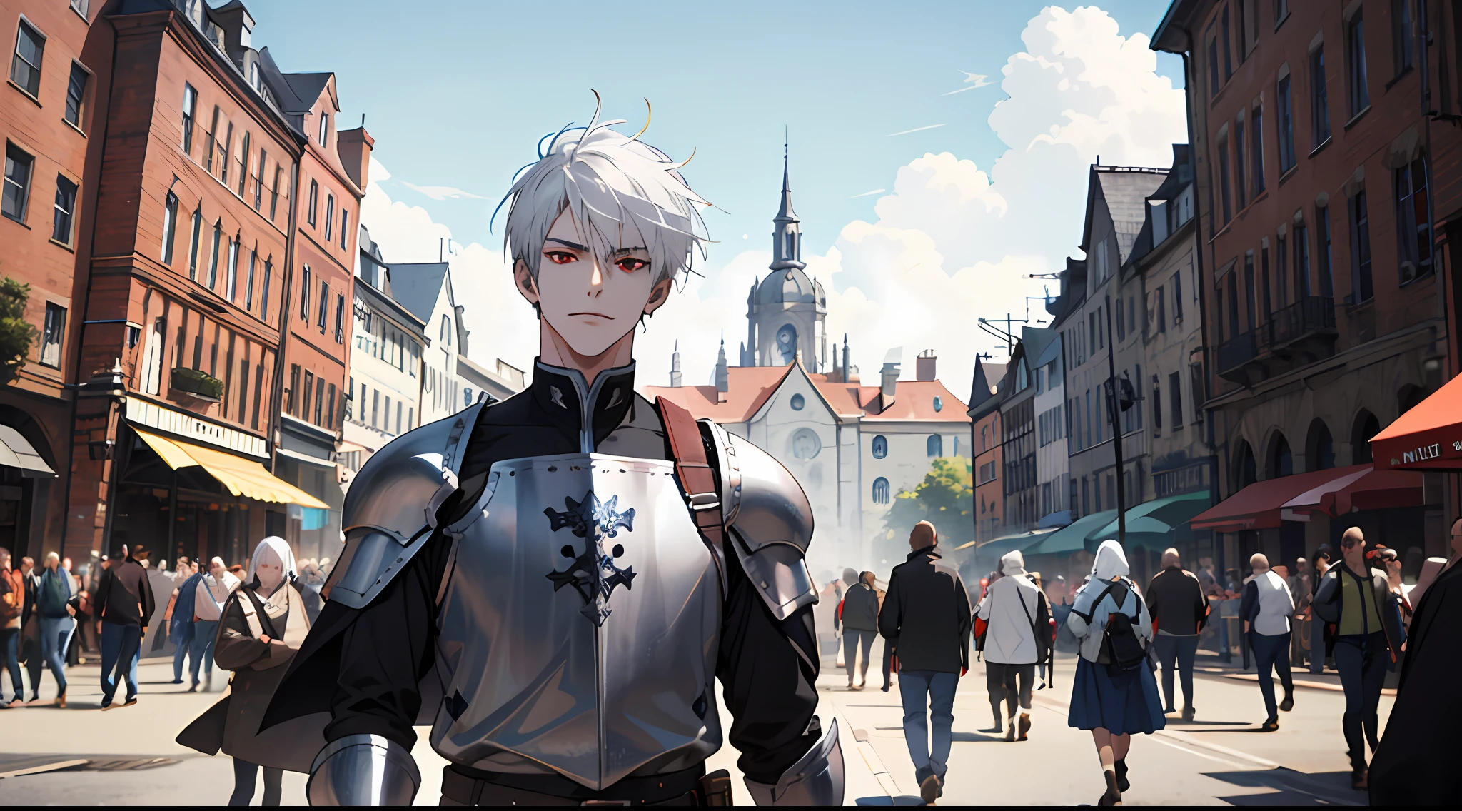 (ridiculous, high resolution, super detailed), (panorama), (1 male), tall, in silver armor, red eyes, evil charm, short white hair, town background, medieval style, crowd onlookers,