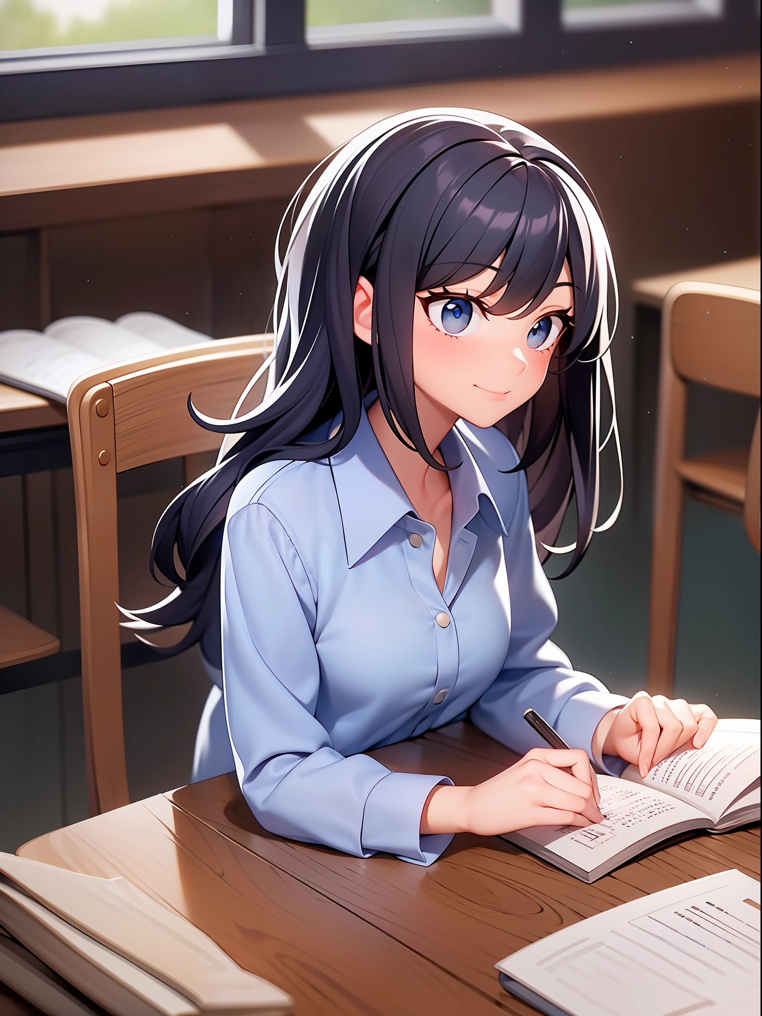 A dedicated girl is sitting at her desk in the classroom, immersed in her studies. She is wearing the school uniform, which may include a button-down blouse, skirt or pants, and proper shoes. Her hair is stuck in a neat hairstyle, demonstrating her commitment to discipline and learning. She has books and notebooks open in front of her, meticulously arranged. The classroom is quiet, with the windows letting in natural light, creating an environment conducive to concentration. The girl is focused on her work, with her eyes fixed on the didactic material, evidencing her determination to learn. There is a sense of tranquility and purpose as she devotes herself to her studies, taking advantage of all the learning opportunities the school offers.