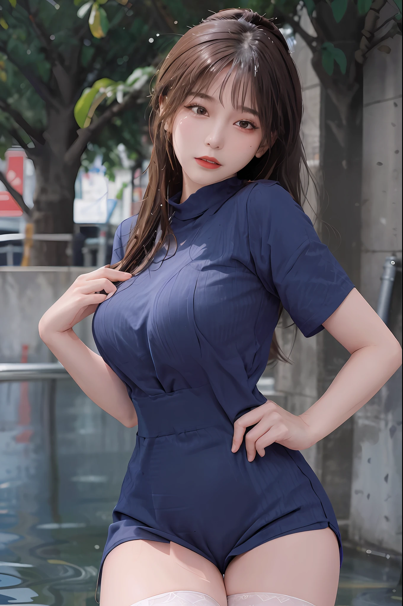 Masterpieces: 1 girl.2 girls, best quality), realism, (real pictures, rich detail details, depth of field), (1 girl called girl, solo), makeup, high detail, perfect face shape, (: 1 girl.4 pcs.), (skin dents), thin thighs, wide hips, thin waist, high, coral, red lips, red eyes, blue ponytail (girls, tulle,), (sweat: 1 girl.2 girls), (wet), sexy, blush, (shy expression), purple petal clothes, white shirt, white stockings,