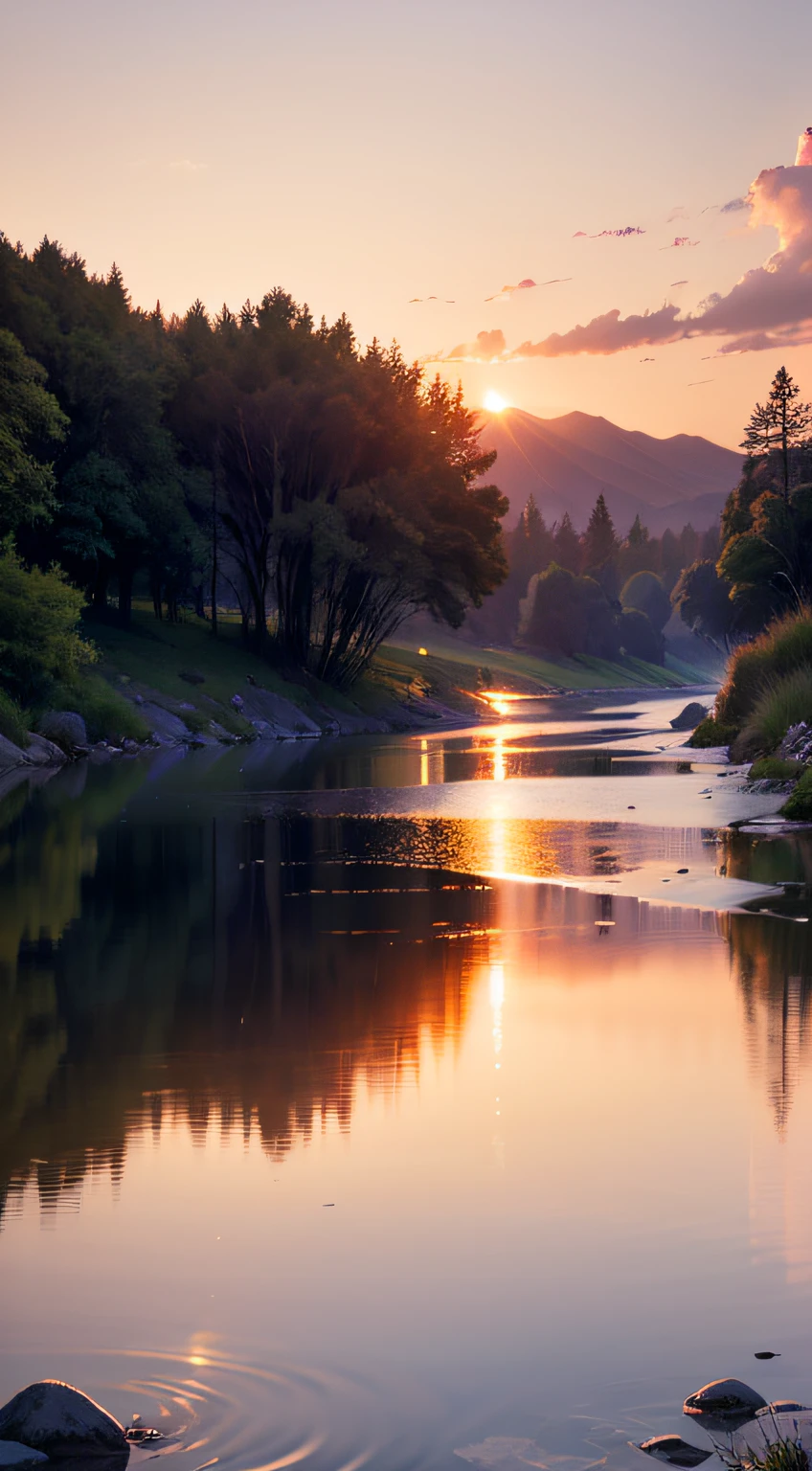 Imagine a stunning landscape at dusk, with serene, calm rivers reflecting the vibrant colors of the sunset. The sky is painted in shades of orange, pink and purple, creating a celestial spectacle. The waters flow gently, forming a backdrop of peace and tranquility. In this landscape, you feel God's presence in a deep and comforting way. Rivers symbolize life and purification, and God's presence is felt in the flowing waters. It is as if the divine presence itself is present in every drop of water, bringing life, healing, and spiritual renewal. The magnificent beauty of the sunset reflected in the waters of the rivers is a testament to divine grandeur and power. It reminds us of the creativity of God, who paints the sky with the most beautiful colors and transforms the landscape into a true spectacle. It is a scene that invites us to contemplate divine art, to marvel at its grandeur and to connect with the Sacred. Moreover, the calm and serenity of the rivers invite us to a deeper communion with God. The softness of the waters and the tranquility of the environment allow us to feel His presence and hear His voice in the midst of silence. It is a sacred time to connect with the divine, to find inner peace, and to strengthen faith. In this landscape of the sunset with the presence of God in the rivers, we can feel the love, peace and spiritual renewal that He offers us. It is a time to give thanks for God's creation, to find comfort, and to be reminded that God is always present, guiding and blessing us on our journey. --auto