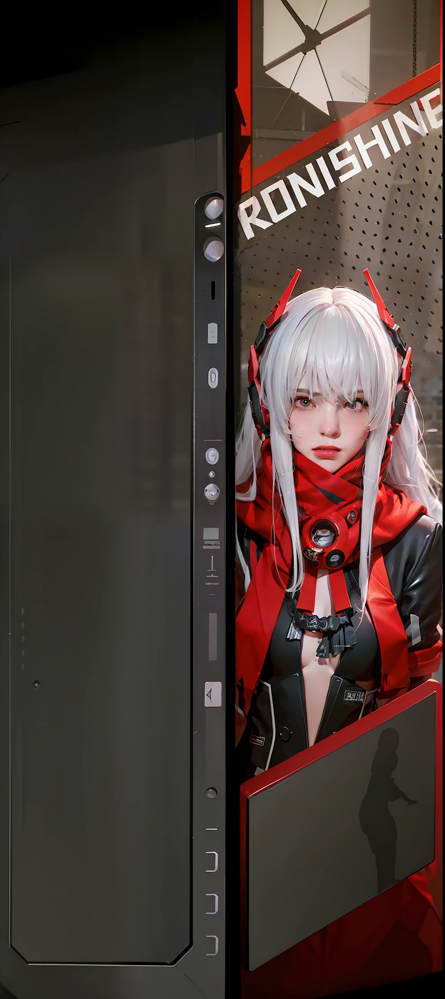 Photorealistic, white hair, sci-fi girl, lucia alpha, red shall, medium breasts, opened collars, sci-fi face ornaments, black and red dress, sci fi dress, high quality