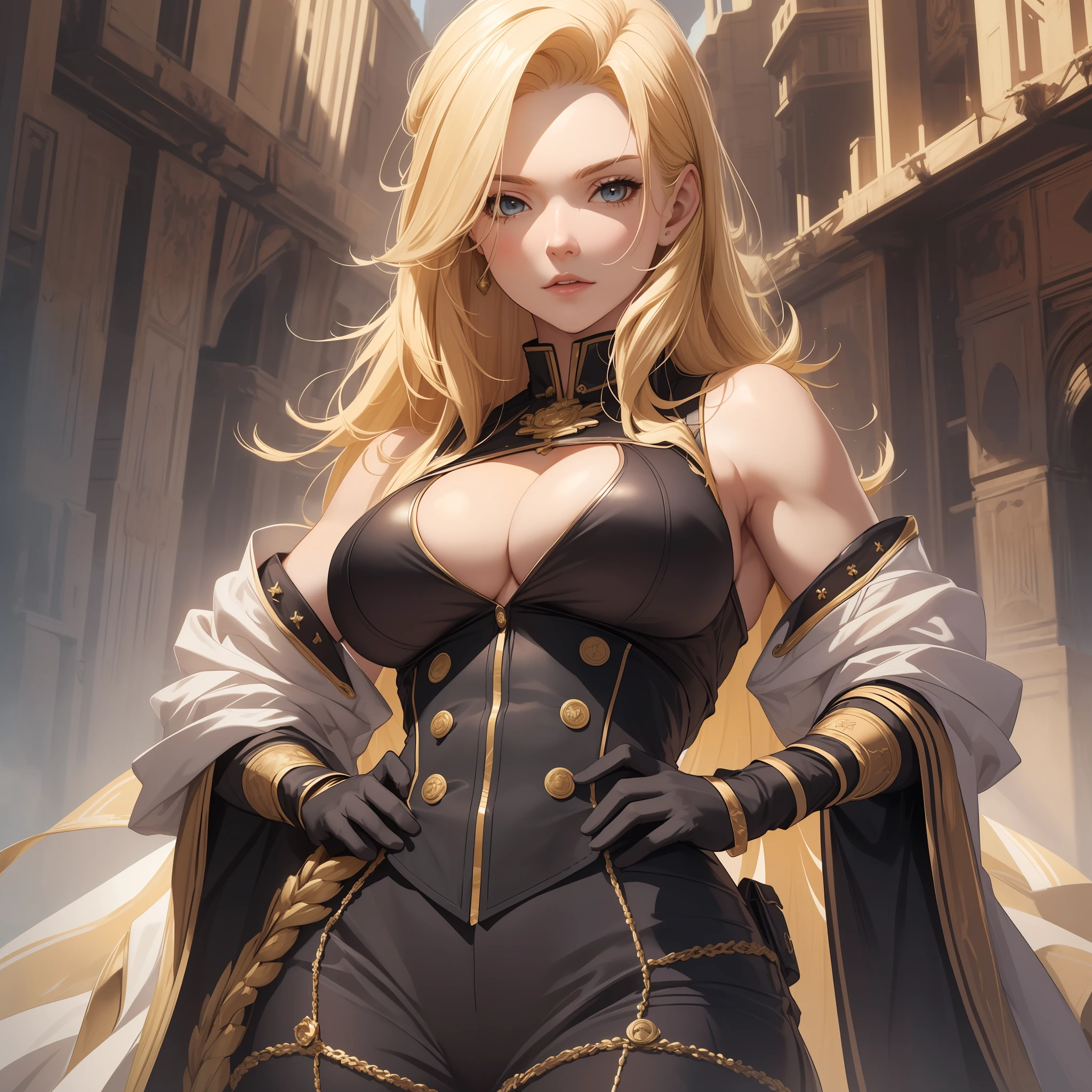 ((best quality)), ((masterpiece)), ((highly detailed)), (semi realistic), 1woman, blonde hair, young, tall and strong, (female dictator), supreme leader, dominating stature, sleeveless military uniforms, outdoor backgrounds, sexy, seductive, tall, beautiful, big boobs, cleavage, authoritarian, powerful.