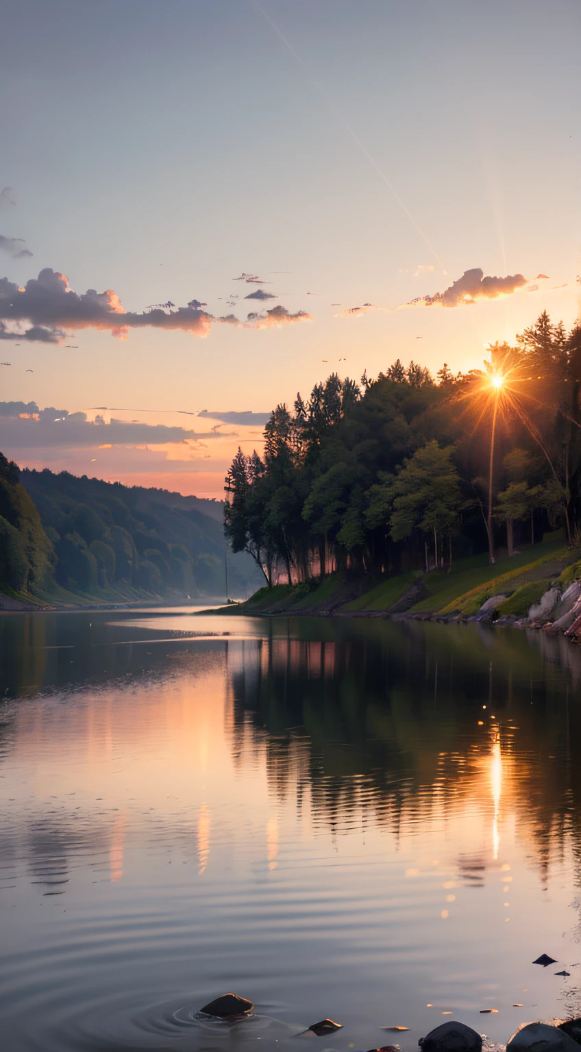 Imagine a stunning landscape at dusk, with serene, calm rivers reflecting the vibrant colors of the sunset. The sky is painted in shades of orange, pink and purple, creating a celestial spectacle. The waters flow gently, forming a backdrop of peace and tranquility. In this landscape, you feel God's presence in a deep and comforting way. Rivers symbolize life and purification, and God's presence is felt in the flowing waters. It is as if the divine presence itself is present in every drop of water, bringing life, healing, and spiritual renewal. The magnificent beauty of the sunset reflected in the waters of the rivers is a testament to divine grandeur and power. It reminds us of the creativity of God, who paints the sky with the most beautiful colors and transforms the landscape into a true spectacle. It is a scene that invites us to contemplate divine art, to marvel at its grandeur and to connect with the Sacred. Moreover, the calm and serenity of the rivers invite us to a deeper communion with God. The softness of the waters and the tranquility of the environment allow us to feel His presence and hear His voice in the midst of silence. It is a sacred time to connect with the divine, to find inner peace, and to strengthen faith. In this landscape of the sunset with the presence of God in the rivers, we can feel the love, peace and spiritual renewal that He offers us. It is a time to give thanks for God's creation, to find comfort, and to be reminded that God is always present, guiding and blessing us on our journey. --auto