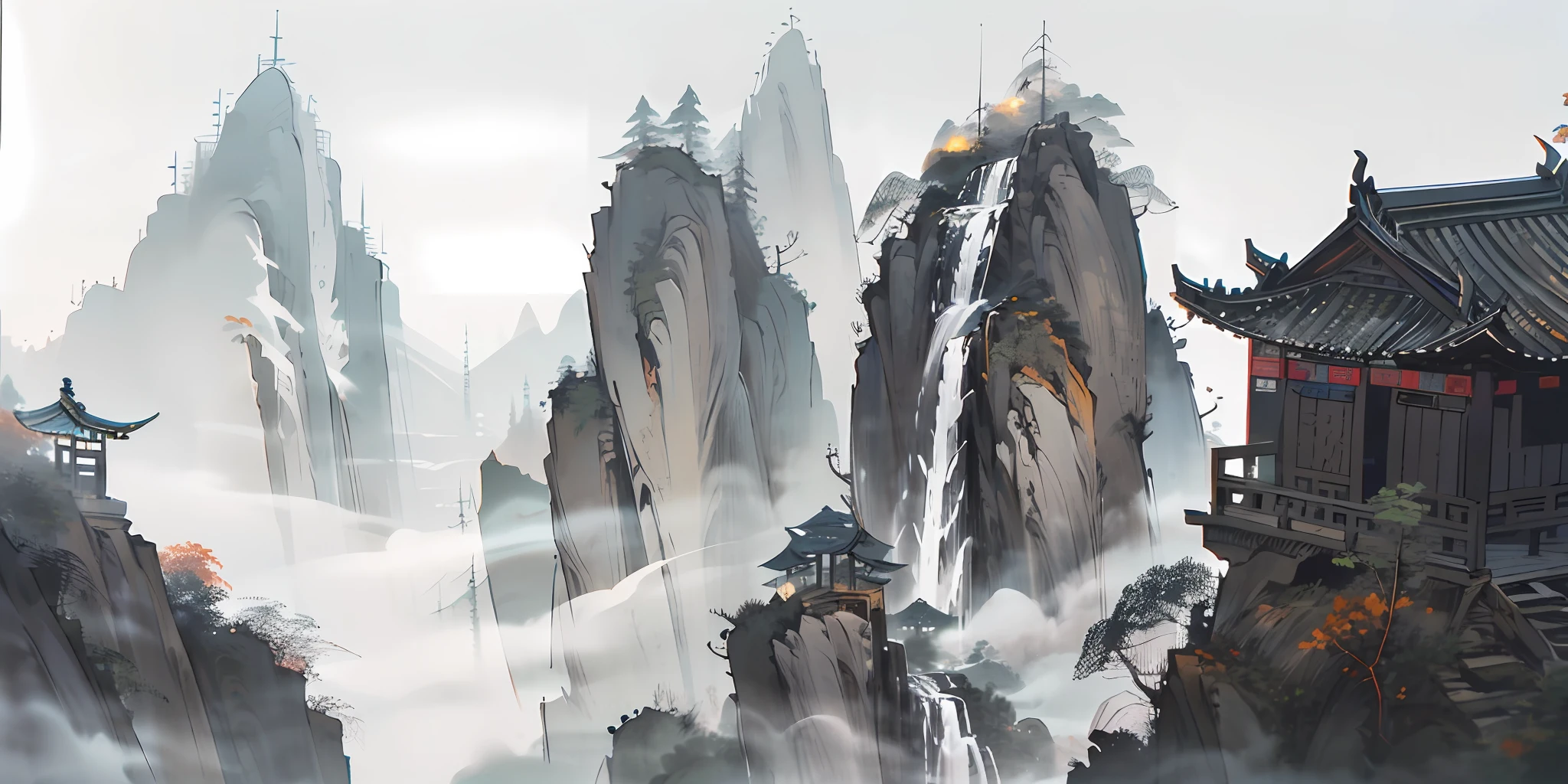 (Ultra wide-angle lens), (Best masterpiece), 8K, An ancient Chinese town nestled in mountains and hills, with lush trees, verdant leaves, murmuring streams. The visuals are exquisite and beautiful, brimming with sunshine.(white background:1.5),white background,outside border,