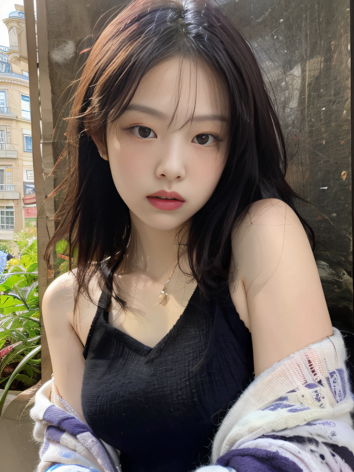 Best Quality, Jjennie Face Shape, Ultra High Resolution, Supermodel, (Realism: 1 Girl.8), RAW Photo, 1 Girl One Girl, Bare Shoulders, Wearing Black Vest, Sexy, In the Dark, Deep Shadow, Understated, Cold Light