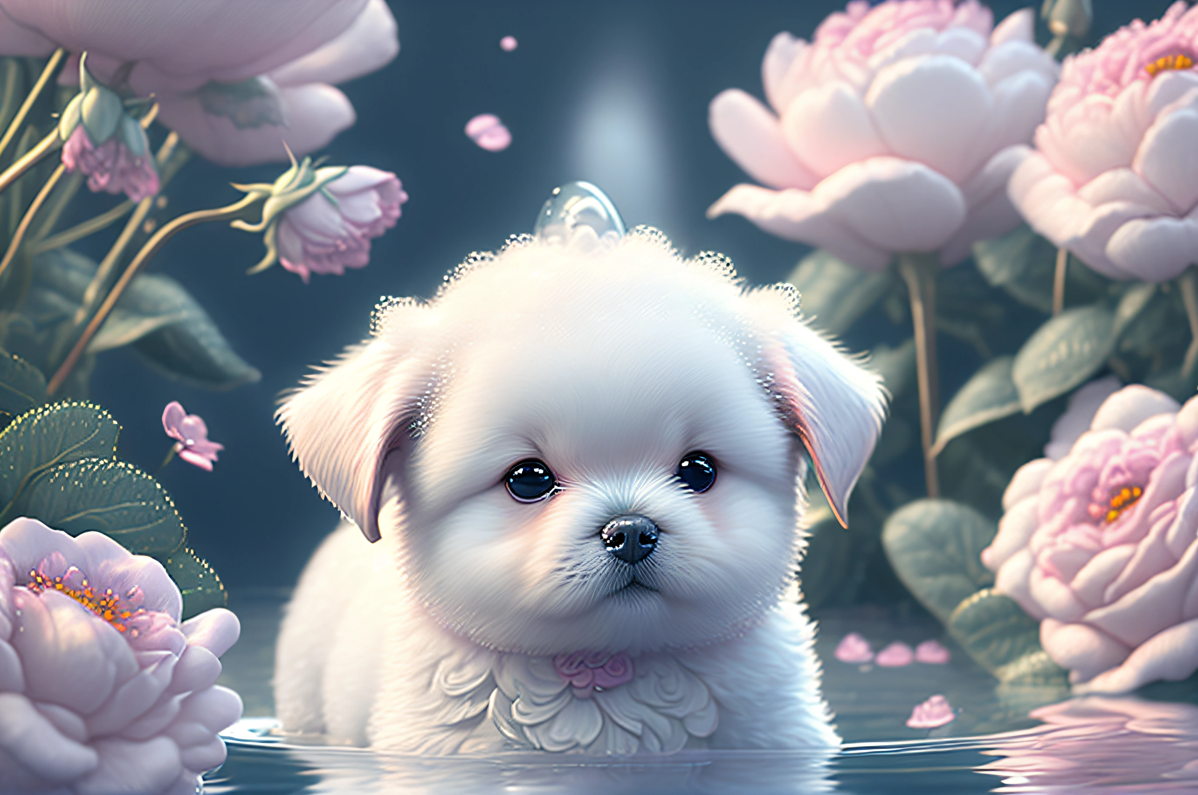 In this ultra detailed CG art, cute puddle puppy happy surrounded by ethereal roses, best quality, high resolution, intricate details, fantasy, cute puppy, purple, funny