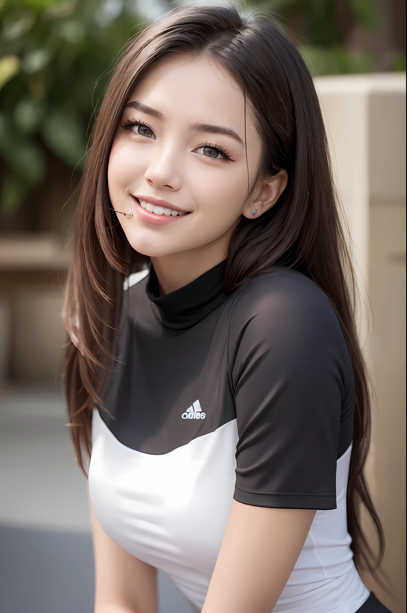(8K, Best Quality, Masterpiece: 1.2), (Realistic, Photorealistic: 1.37), Super Detail, 1 Girl, 20 years old, Big, Beauty, Cute, Smile, Solo, Athletics, High Leg Jersey, (Redness of the Nose), (Smile: 1.15), (With Mouth Closed), Beautiful Eyes, (Long Hair: 1.2), Floating Hair Novafrog style, upper body