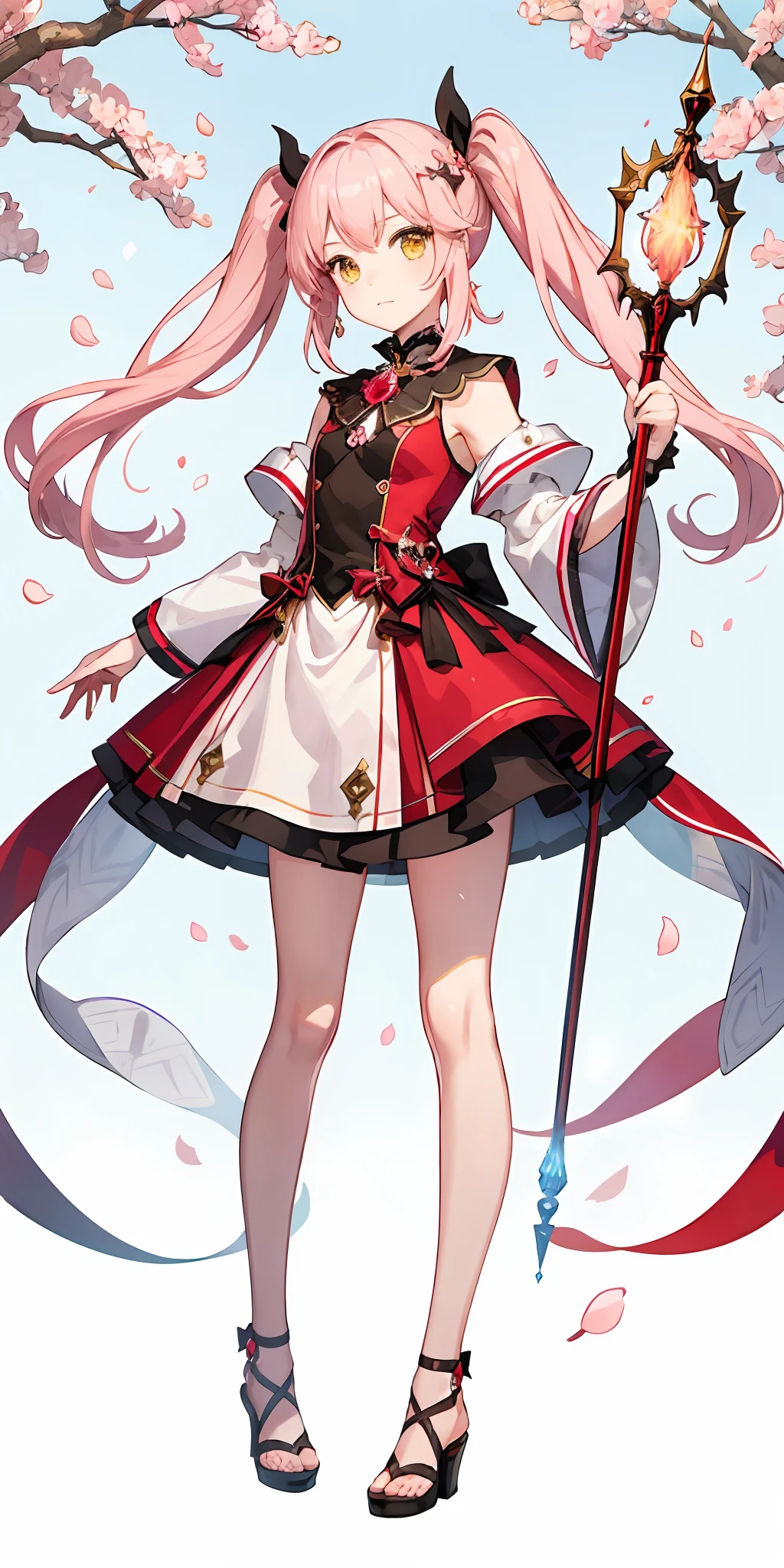 10 years old small girl, pale pink hair, twintails, yellow eyes, magic staff, magic girl, red and white dress, sidelighting, light particles, cherryblossom background,