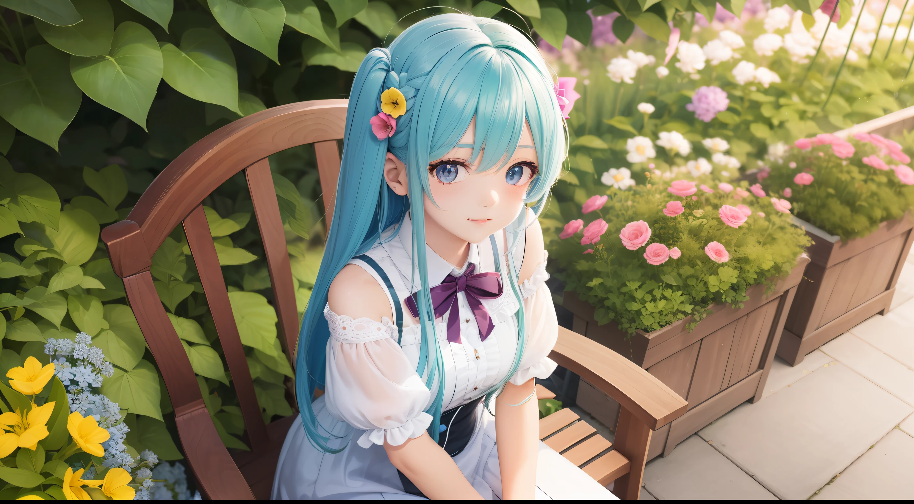 cute anime girl sitting on chair at garden, long blue hair, high quality, high detail