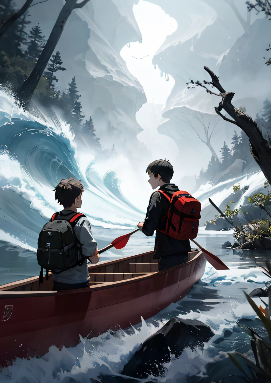 2 young boys with inside a canoe one in white shirt and the other in black shirt, an adventurer's backpack on his back and a backpack in his hands, has dark hair and dark eyes, clearing in the forest, better image quality, canoe, rivers, fierce waves, storms, despair