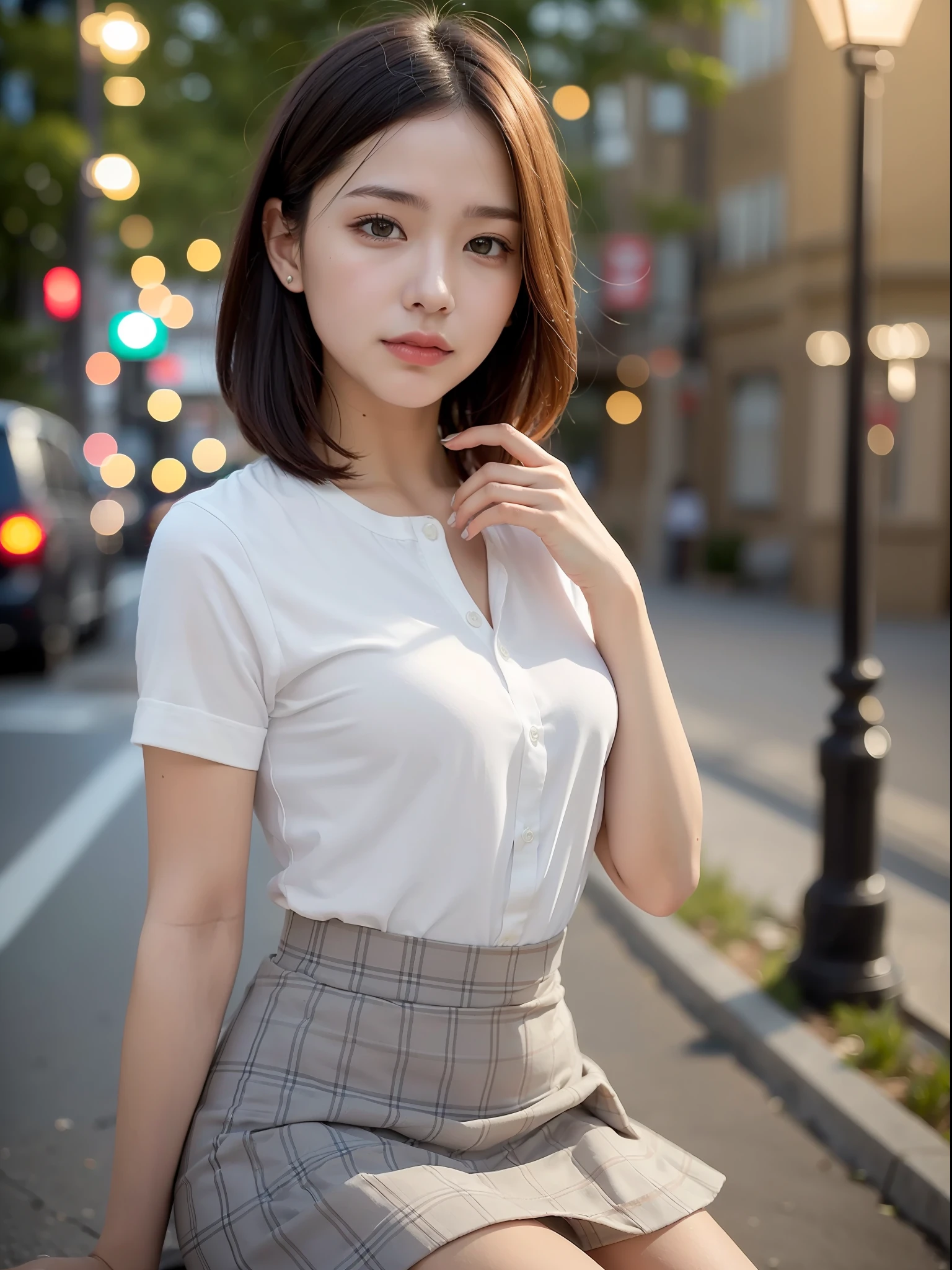 ((Best quality, 8k, Masterpiece: 1.3, raw photo)), Sharp focus: 1.2, (1 aespa girl: 1.2), (realistic, photo-realistic:1.37), (face focus: 1.1), cute face, kindness, small breasts, flat chest, short messy hair, white shirt, she is rolling up her skirt, showing white panties, classroom, Beautiful Woman Sitting Under Street Lamp Light, cinematic lighting