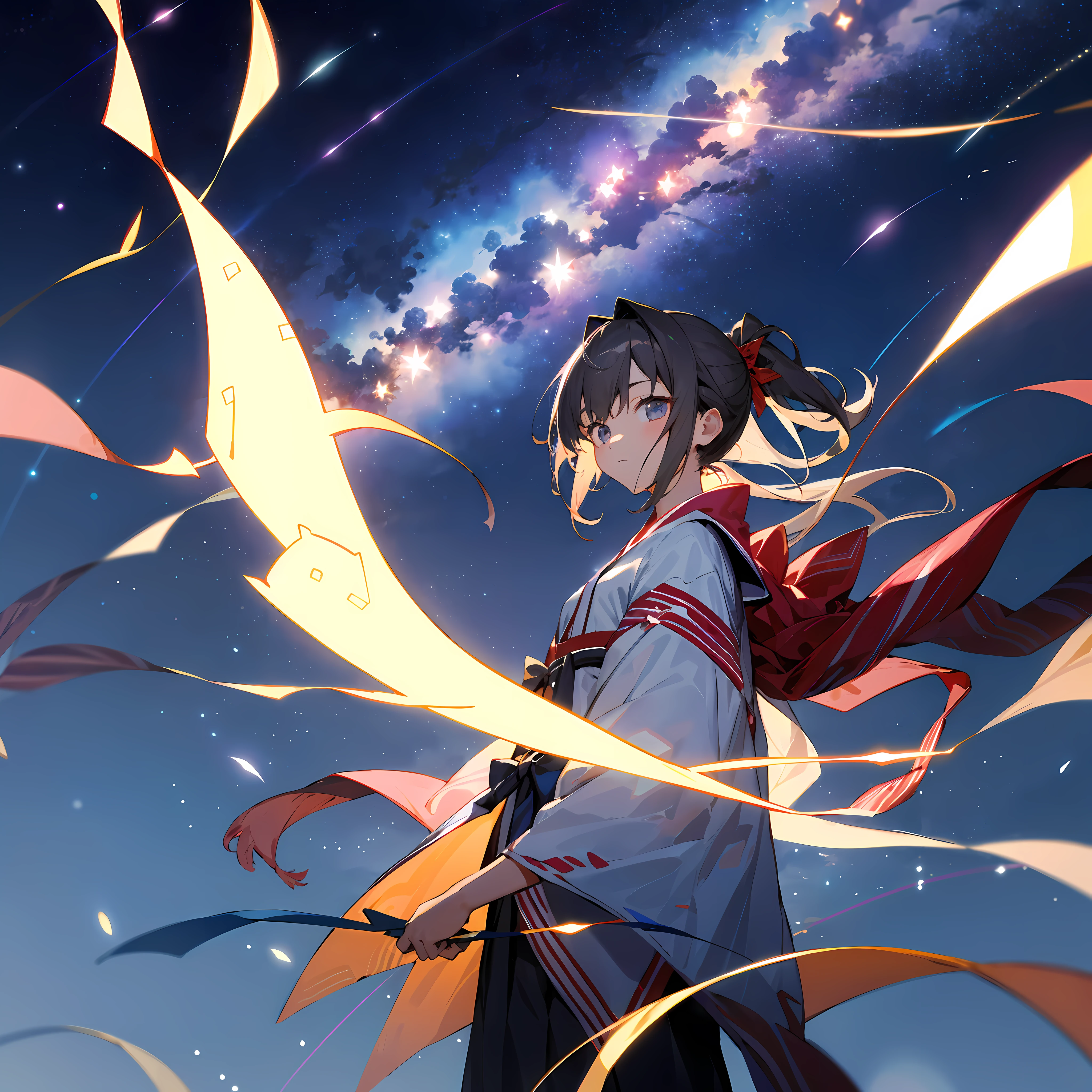 (top quality, super detail: 1.1),
Tanabata, girl, holding a strip, absurdly beautiful night sky,
