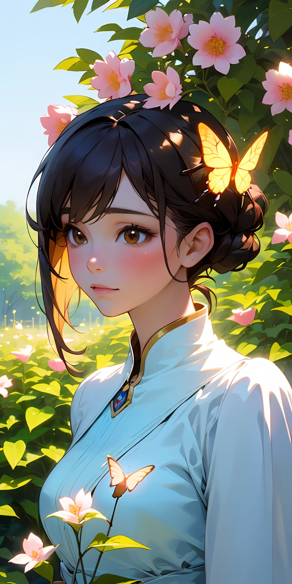 (best quality, masterpiece, ultra-realistic), portrait of 1 beautiful and delicate girl, with a soft and peaceful expression, the background scenery is a garden with flowering bushes and butterflies flying around.