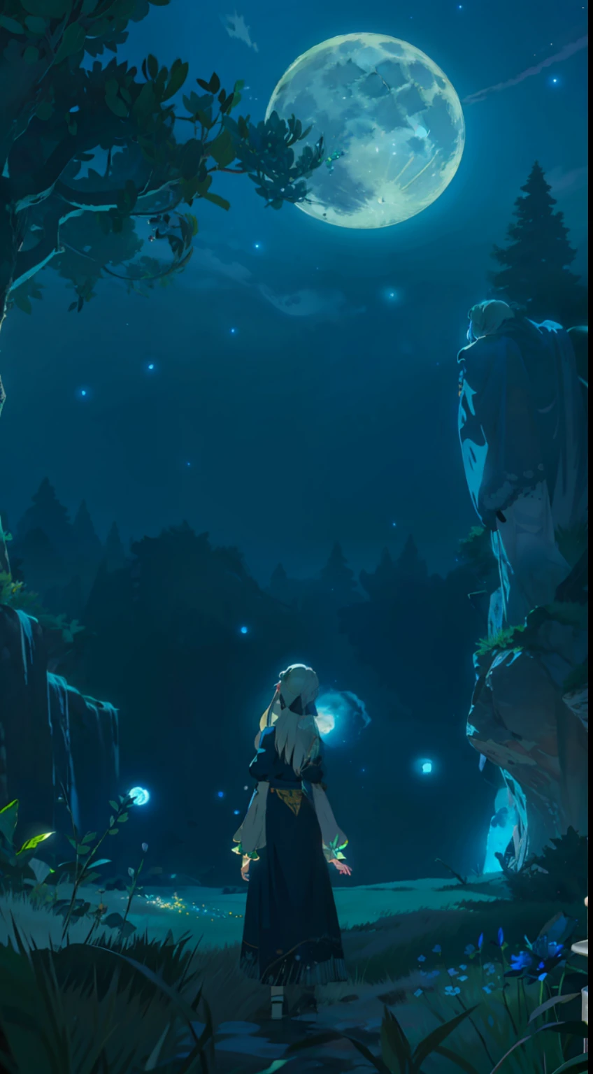 Extensive landscape photo , (above and below looking down), girl standing in flower field looking up, (full moon:1.2), ( shooting stars:0.9), (nebula:1.3), starry sky, white flower field, flower field shining, fantastic flower field, tree , (warm light source:1.2), (firefly:1. 2), lamp, orange and blue mostly fine details, voluminous lighting BREAK (Masterpiece:1.2), (top quality), 4k, super detailed, (dynamic composition:1.4), very fine details, colorful details, ( iridescent:1.2), (glowing lighting, atmospheric lighting), dreamy, fantastic, (solo:1.2), sparkling, glow, petals dancing, white hair, beautiful hair, long hair, cat ears, back view, water effects, soap bubbles, posed, hands are hidden in sleeves, Large lacy sleeves