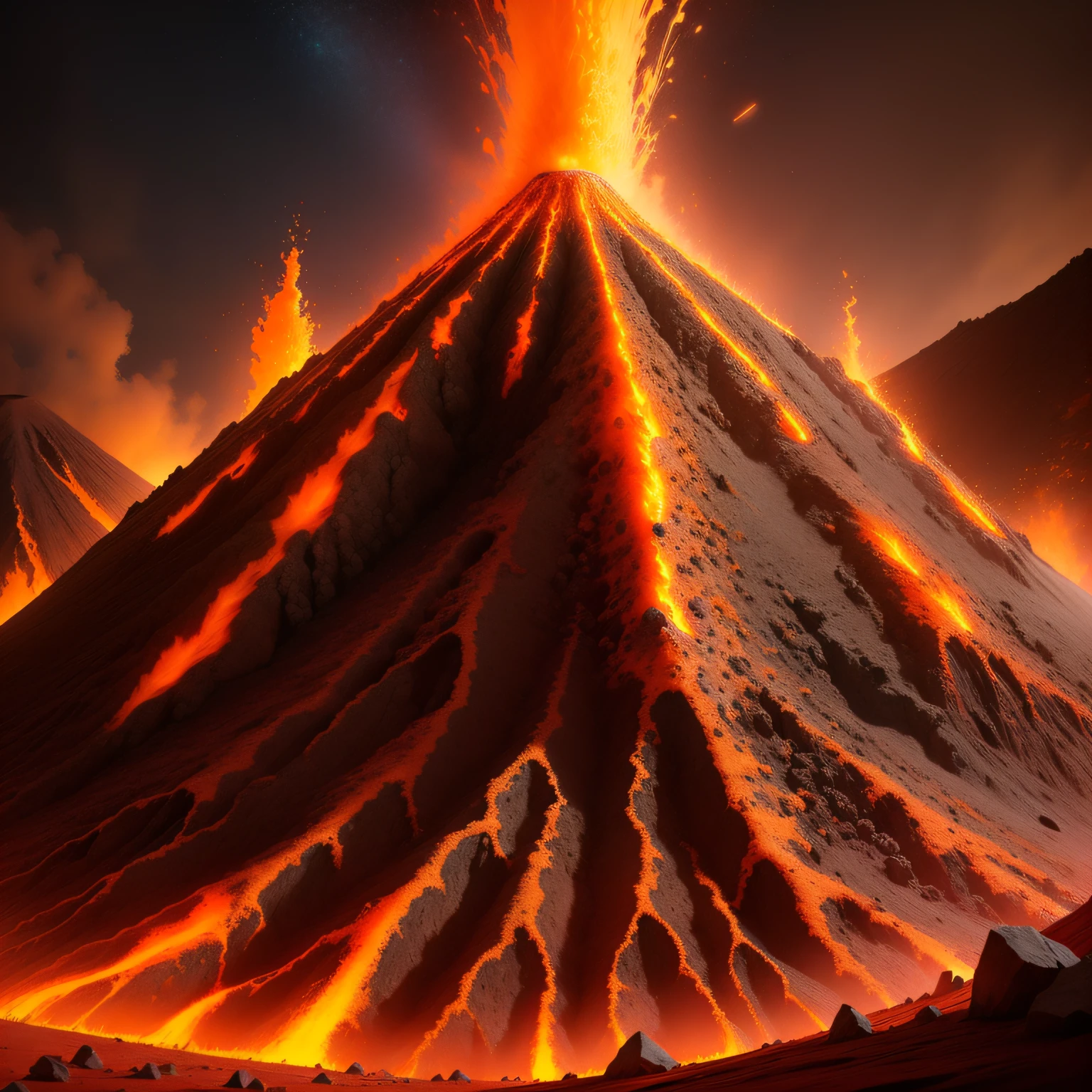 Develop an ultra-realistic 8K image of an erupting volcano that emits a vibrant rainbow instead of lava. Highlight the rough, black texture of the volcano, the deep crater opening, and the golden sunlight that illuminates the scene. Create a smooth, perfect rainbow with seven distinct colors, each merging harmoniously with the next. Envelope the landscape with a soft white mist emitted by the volcano to add a touch of mystery. The image should convey a magical and stunning feeling --auto