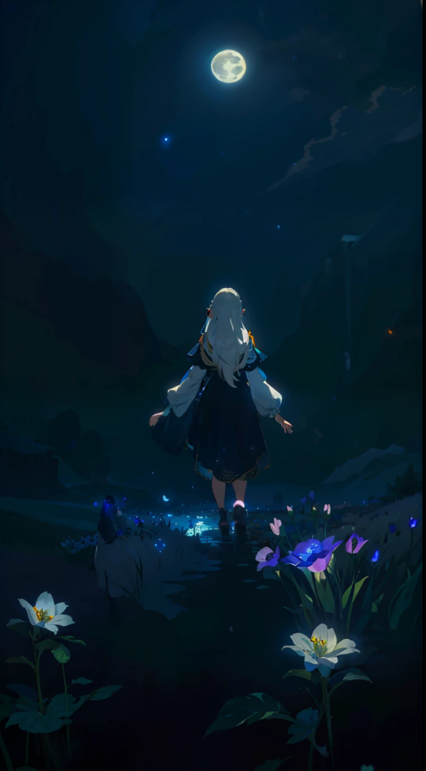 Extensive landscape photo , (above and below looking down), girl standing in flower field looking up, (full moon:1.2), ( shooting stars:0.9), (nebula:1.3), starry sky, white flower field, flower field shining, fantastic flower field, tree , (warm light source:1.2), (firefly:1. 2), lamp, orange and blue mostly fine details, voluminous lighting BREAK (Masterpiece:1.2), (top quality), 4k, super detailed, (dynamic composition:1.4), very fine details, colorful details, ( iridescent:1.2), (glowing lighting, atmospheric lighting), dreamy, fantastic, (solo:1.2), sparkling, glow, petals dancing, white hair, beautiful hair, long hair, cat ears, back view, water effects, soap bubbles, posed, hands are hidden in sleeves, Large lacy sleeves