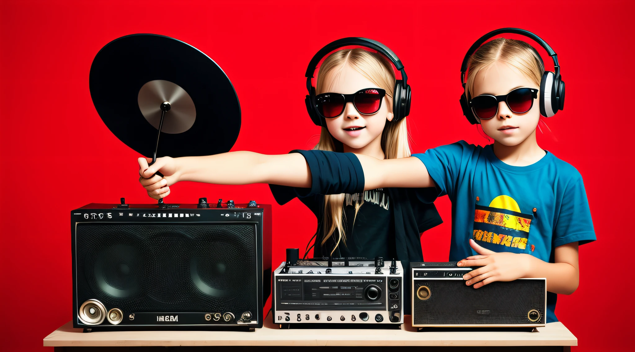  CHILD BLONDE LONG HAIR, holding a boombox and pointing with his hand, boombox, music guy, ghetto blaster, on a red background, playing for music, on red background, dj, very low quality picture, red sunglasses and a guitar, big ghetto blaster, with headphones, music is life, new music,  vibrating with the music