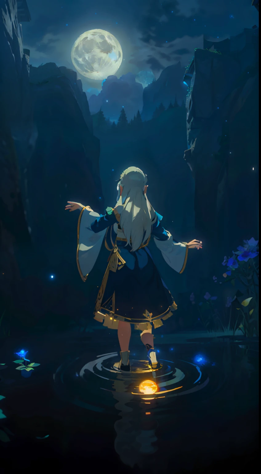 Extensive landscape photo , (above and below looking down), girl standing in flower field looking up, (full moon:1.2), ( shooting stars:0.9), (nebula:1.3), starry sky, white flower field, flower field shining, fantastic flower field, tree , (warm light source:1.2), (firefly:1. 2), lamp, orange and blue mostly fine details, voluminous lighting BREAK (Masterpiece:1.2), (top quality), 4k, super detailed, (dynamic composition:1.4), very fine details, colorful details, ( iridescent:1.2), (glowing lighting, atmospheric lighting), dreamy, fantastic, (solo:1.2), sparkling, glow, petals dancing, white hair, beautiful hair, long hair, cat ears, back view, water effects, soap bubbles, posed, hands are hidden in sleeves, Large lacy sleeves