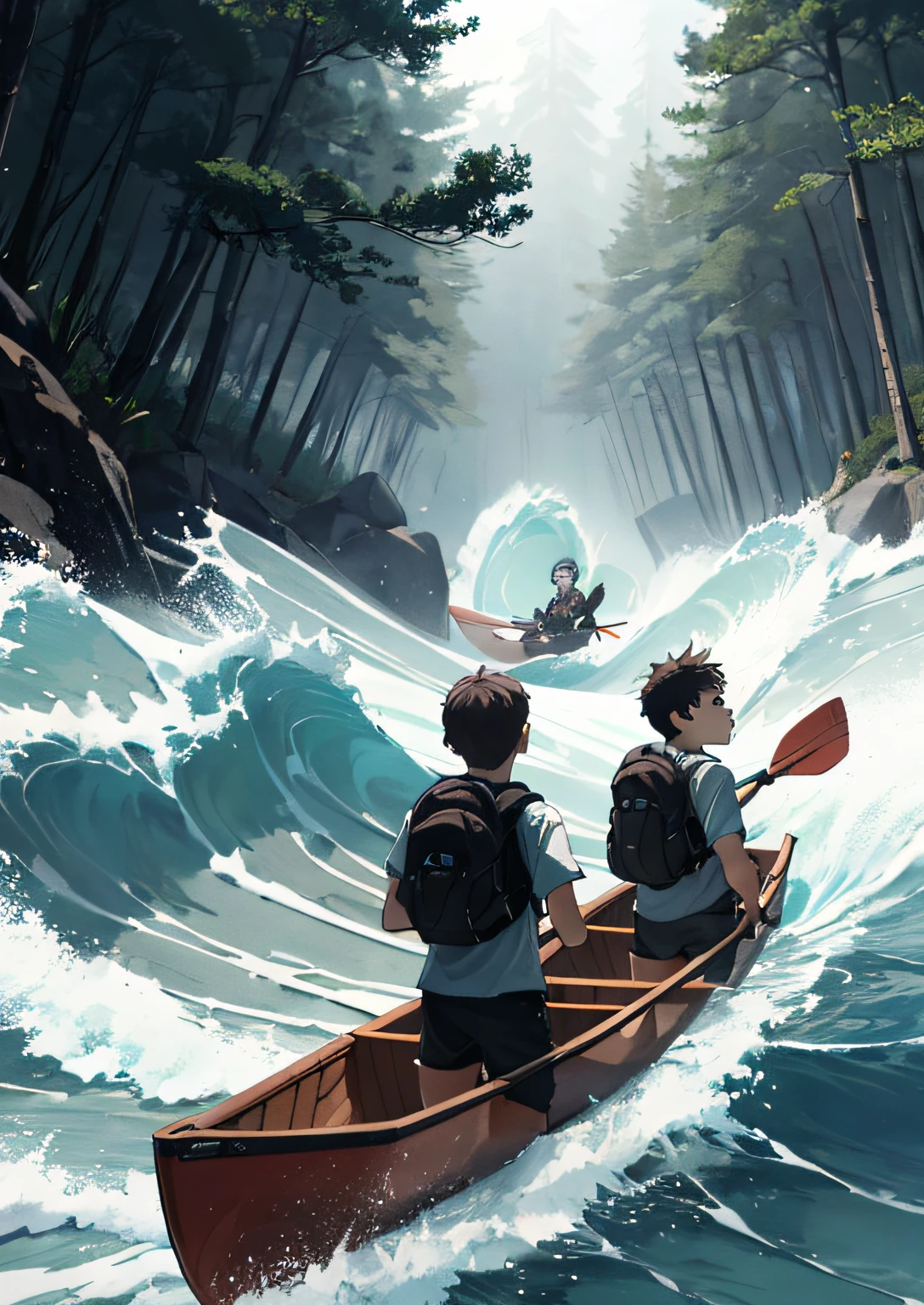 2 young boys with 8 years old inside a canoe one in white shirt and the other in black shirt, an adventurer's backpack on his back and a backpack in his hands, has dark hair and dark eyes, clearing in the forest, better image quality, canoe, rivers, fierce waves, storms, despair