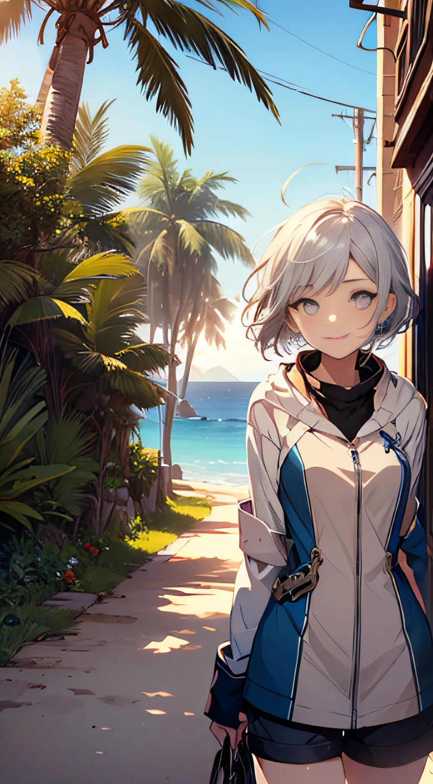 ((Masterpiece)), (((Best Quality)), ((Very Delicate and Beautiful)), (Highly Detailed CG Unity 8K Wallpaper: 1.3), Very Delicate Light, (Backlight), (Steampunk), /=, (Cowboy Body)), (1 Loli: 1.3), Solo, (Petite), (Small), White Swimsuit, High Waist Shorts, White Hair, Blue Eyes, Earrings, (Wavy Curly Short Hair), (Ahoge), (Cute Face: 1.114), (Fine Eyes: 1.15), (Cute Face: 1.114), (Beautiful Fine Eyes and Beautiful Face: 1.15), Girl smiling and looking happy in beautiful tropical landscape. Behind her, the sun is setting, casting a warm glow on the scene, creating a dreamy atmosphere. In the distance, palm trees sway in the breeze, creating a leisurely retro atmosphere, such as sand, sun, beach, sea, horizon, etc. Highly detailed ray tracing