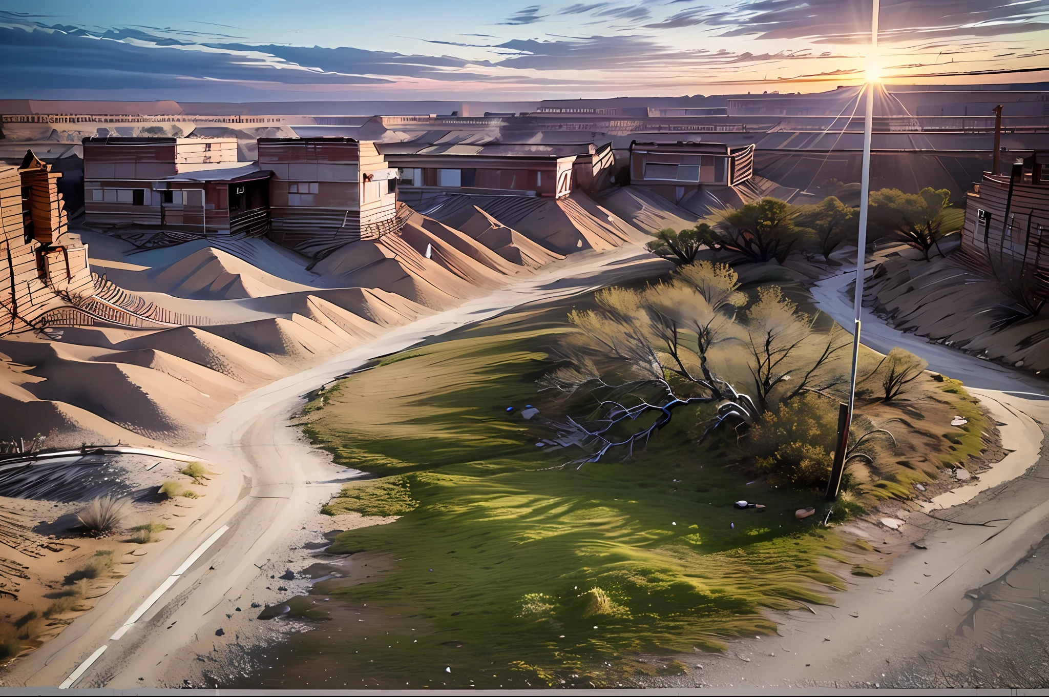 CHVLL Military Green Body with Racing Camouflage Pattern Stripe, Aerial View from a Drone, Parked in Front of an Abandoned 7-Eleven Near a Lonely Road to the Grand Canyon, Masterpiece, Award-winning, Hyper-realistic, Natural Lighting, Sunset: 1.0, muted colors, sharp focus, soft and intricate details, 8K wallpaper, trend in ArtStation