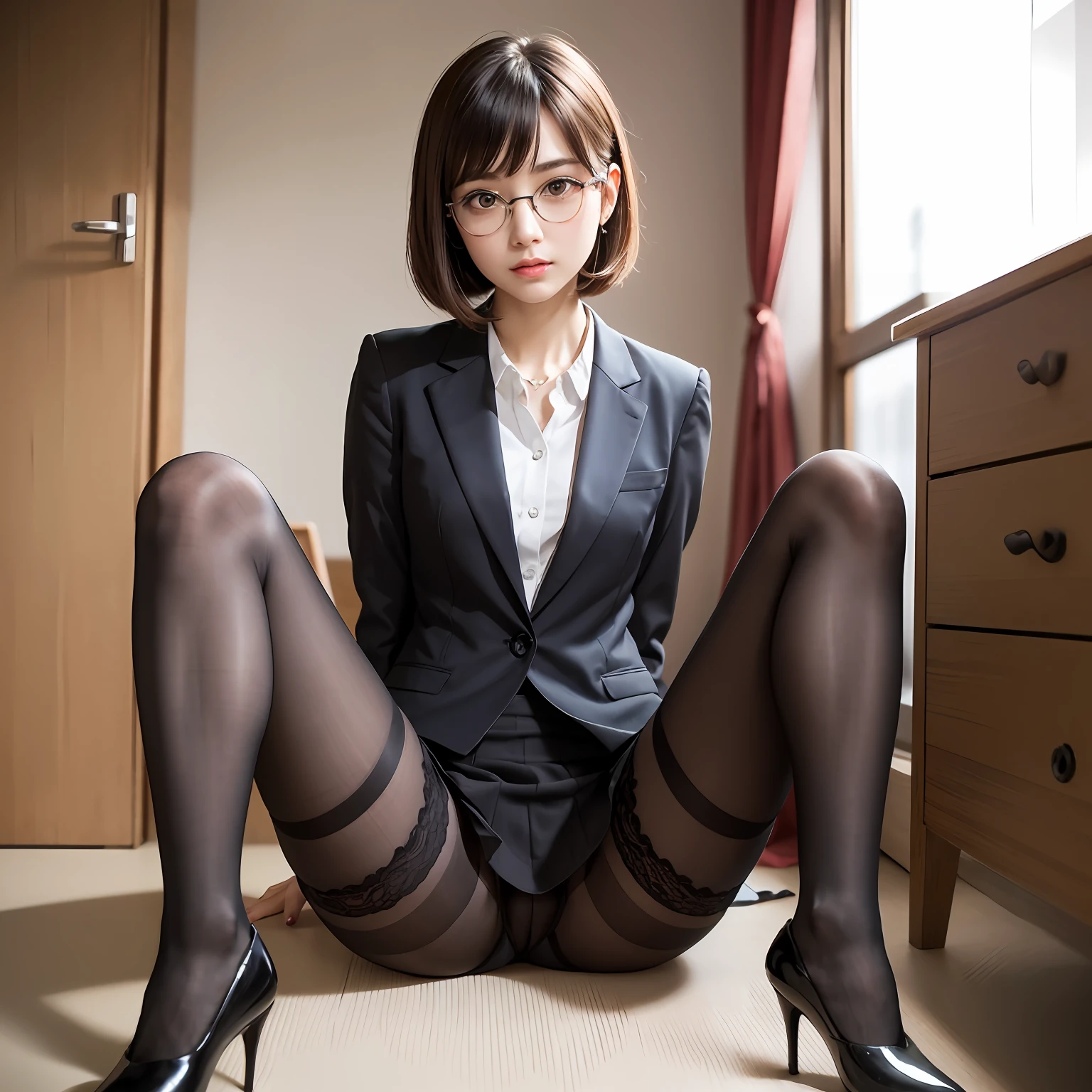 (8k, RAW photo, 1 girl, black pantyhose, short ponytail, suit, skirt, high heels, super high definition, best quality, masterpiece: 1.2), (realistic photos), (highly detailed cg Unity 8k wallpaper), ridiculous, lace panties, bow, sitting, panty shot, spread legs, skirt, 21 years old, , glasses, small, beautiful face, full body, Dark expression, bright black eyes, anger, thin, stiff, slender body, black medium hair tilted head, realistic, cute little face, bob cut, brown eyes, small eyes, office, full body, nogizaka Idol, actress, Japan idol