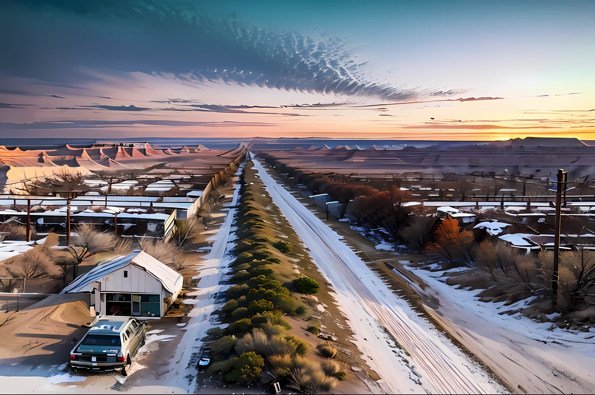 CHVLL Military Green Body with Racing Camouflage Pattern Stripe, Aerial View from a Drone, Parked in Front of an Abandoned 7-Eleven Near a Lonely Road to the Grand Canyon, Masterpiece, Award-winning, Hyper-realistic, Natural Lighting, Sunset: 1.0, muted colors, sharp focus, soft and intricate details, 8K wallpaper, trend in ArtStation