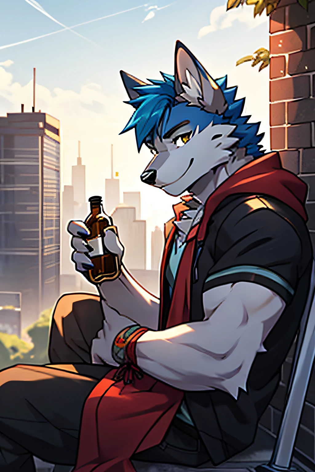 (Furry Art, Digital Art, uploaded_on_e621:1.4, Furry Human:1.5), Wolf, Male, Furry, Anthropomorphic, Dressed in Casual Cloth, Solo, Outside, On the Rooftop, Against Armrest, Focus, Face and Upper Body Focus, City, Smile (RTX Lighting, Detailed), Blue Hair, Holding a Bottle Full of Potion in Hand