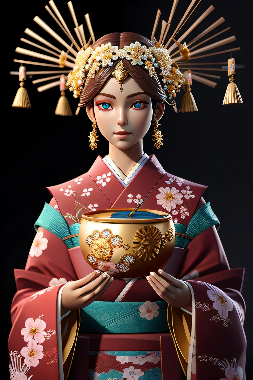 Delicate 3D PVC model of A beautiful breathtaking goddess of flower in majestic kimono outfit, golden sparkling lights, photorealistic, hyper detailed, epic light, award - winning photography