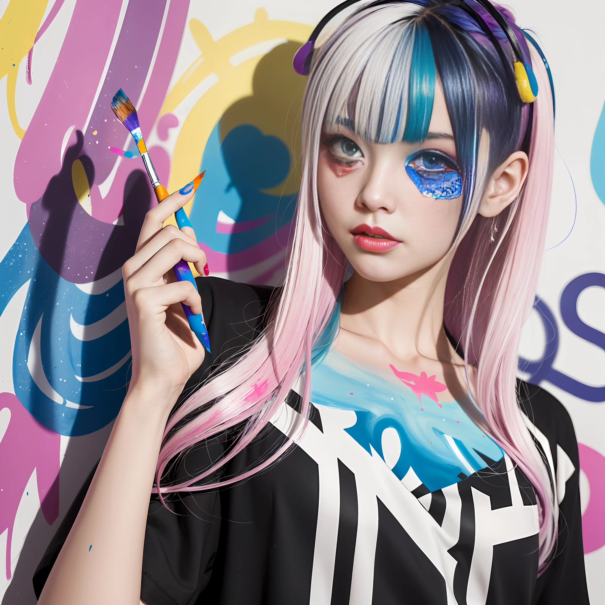 schoolgirl, beautiful detailed eyes, colorful, vivid colors, ((7girls: 1.5)), absurdity, top quality, striped hair, schoolgirl, latest fashion, (graffiti: 1.25), paint splatter, iridescent hair, paint on body