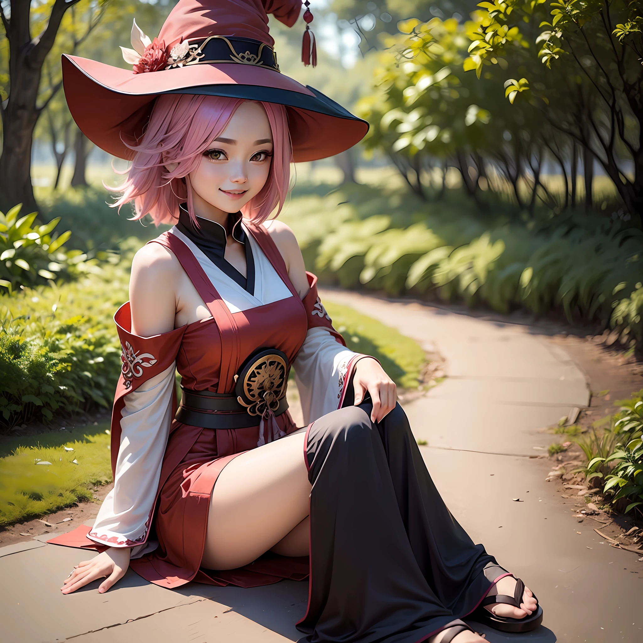 Yae Miko all showed her pink hair in a witch dress sitting on the ground and smiling --auto