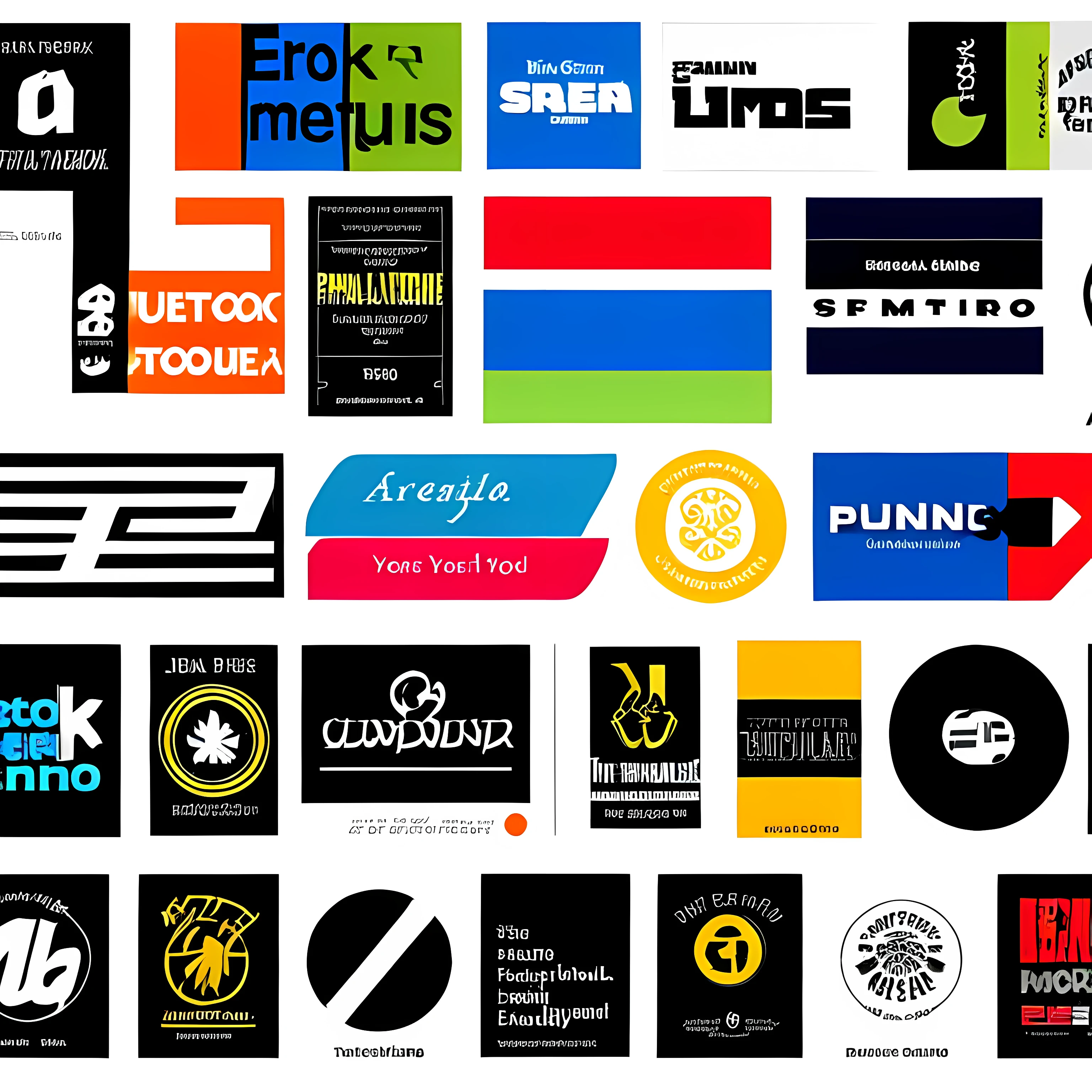 Small collection of different logos isolated on white background、Punk Rock theme、Colorful Computer Graphics、International typographic style graphic logo、logo、Jean Arp plan