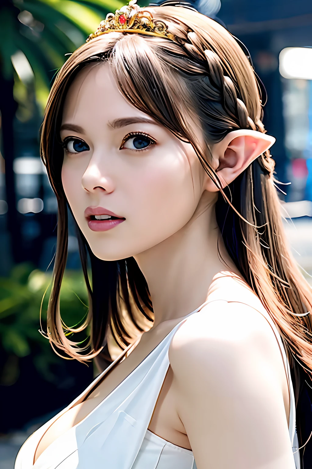 Ultra-detailed complex 3D rendering of the face, (Colossal: 8.8), (masterpiece, top quality, octane rendering, 8K), glamour shot full body image, very beautiful young elf, cleavage, (very detailed skin: 1.2), (exposure: 1.1), (blonde elf)))), (wearing a plummeted tank top of white silk: 1.5)), , Beautiful Caucasian woman with big buttocks full soft breasts and white skin, one, long braided hair, big breasts, dynamic angle, mystical expression, ultra-realistic photos, (((((portrait)))), bare feet, futuristic urban background, facial muscles, detailed and beautiful queen tiara, in the style of Marvel Comics, ArtStation trends, clear focus, studio photography, intricate detail, highly detailed, detailed yellow eyes, sharp focus, digital rendering, professional, abs, shot with Canon EOS R 6, natural jungle, open mouth lightly (sexy pose))),