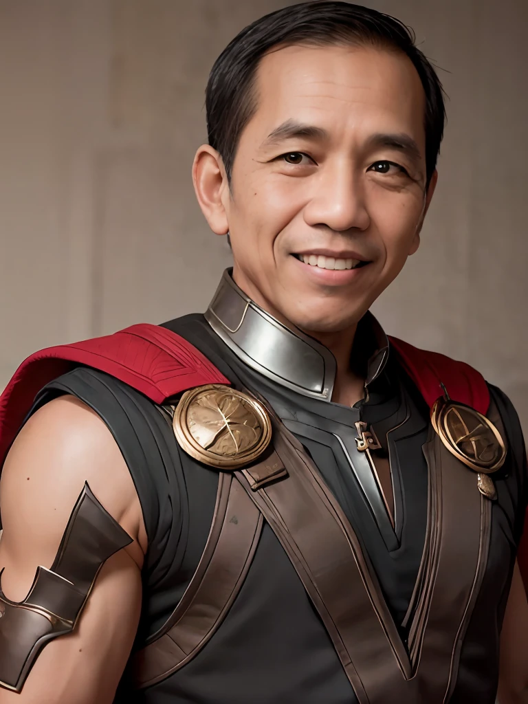 4k, Best quality, masterpiece, ultra high res, beautiful lighting, (realistic, photo-realistic:1.4), realistic background,  jokowi, 1man, 50 years old, smiling, wear thor Chris Hemsworth superhero outfit with mjolnir in hand, long shot