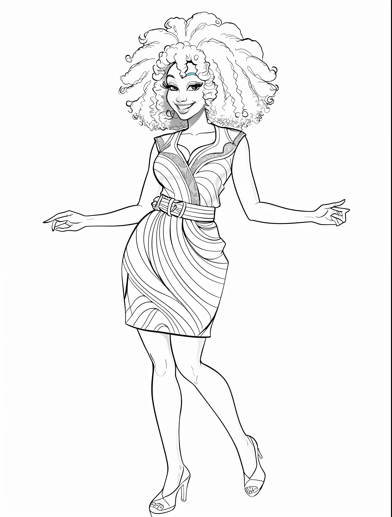 (Contour drawing of an African woman posing for photo smiling (curly afro hair) full body, linear, outlines, perfect for the page of a coloring book, (disney art style), white background with colorful skin and dress and brown hair