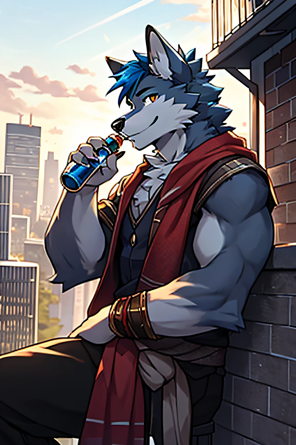 (Furry Art, Digital Art, uploaded_on_e621:1.4, Furry Human:1.5), Wolf, Male, Furry, Anthropomorphic, Dressed in Casual Cloth, Solo, Outside, On the Rooftop, Against Armrest, Focus, Face and Upper Body Focus, City, Smile (RTX Lighting, Detailed), Blue Hair, Holding a Bottle Full of Potion in Hand