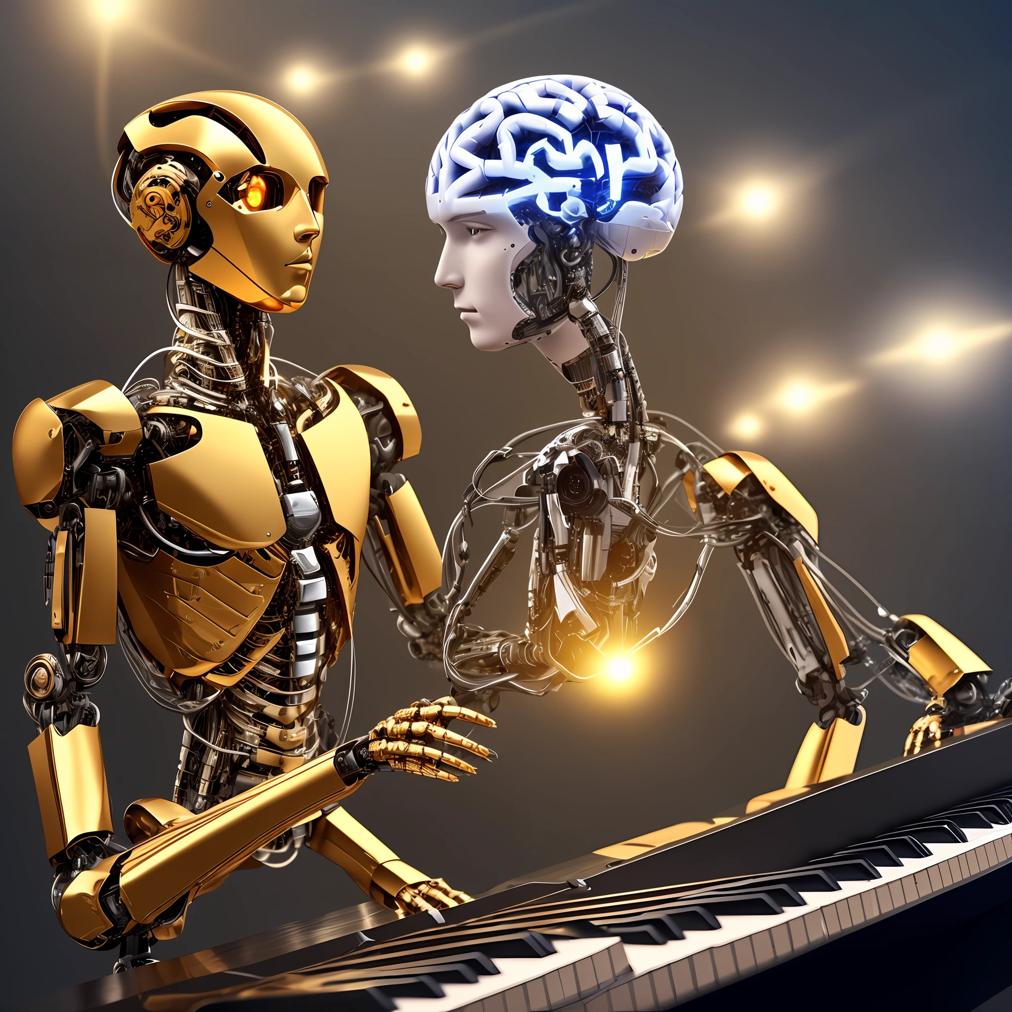 Image half human male, robotic brain in evidence half robot simulating artificial intelligence playing piano, realistic --auto