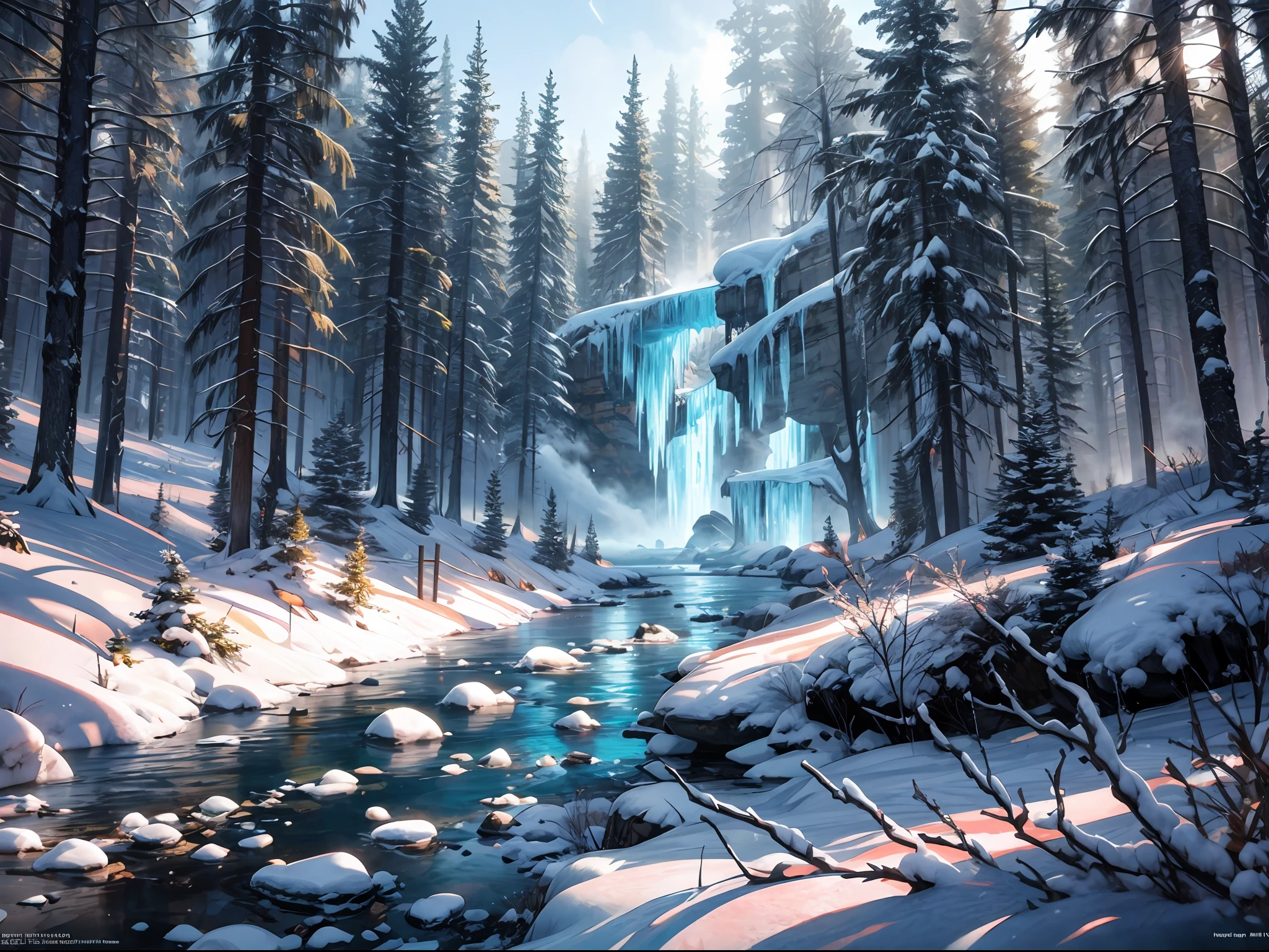 a majestic scene of an ice age frozen river, everything is covered with ice and snow, ice spike forest, aurora, small bush, some mammoth walking far far away, blizzard, fog, snow storm, BREAK,Detailed,Realistic,4k highly detailed digital art,octane render, bioluminescent, BREAK 8K resolution concept art, realism,by Mappa studios,masterpiece,best quality,official art,illustration,ligne claire,(cool_color),perfect composition,absurdres, fantasy,focused,rule of thirds,