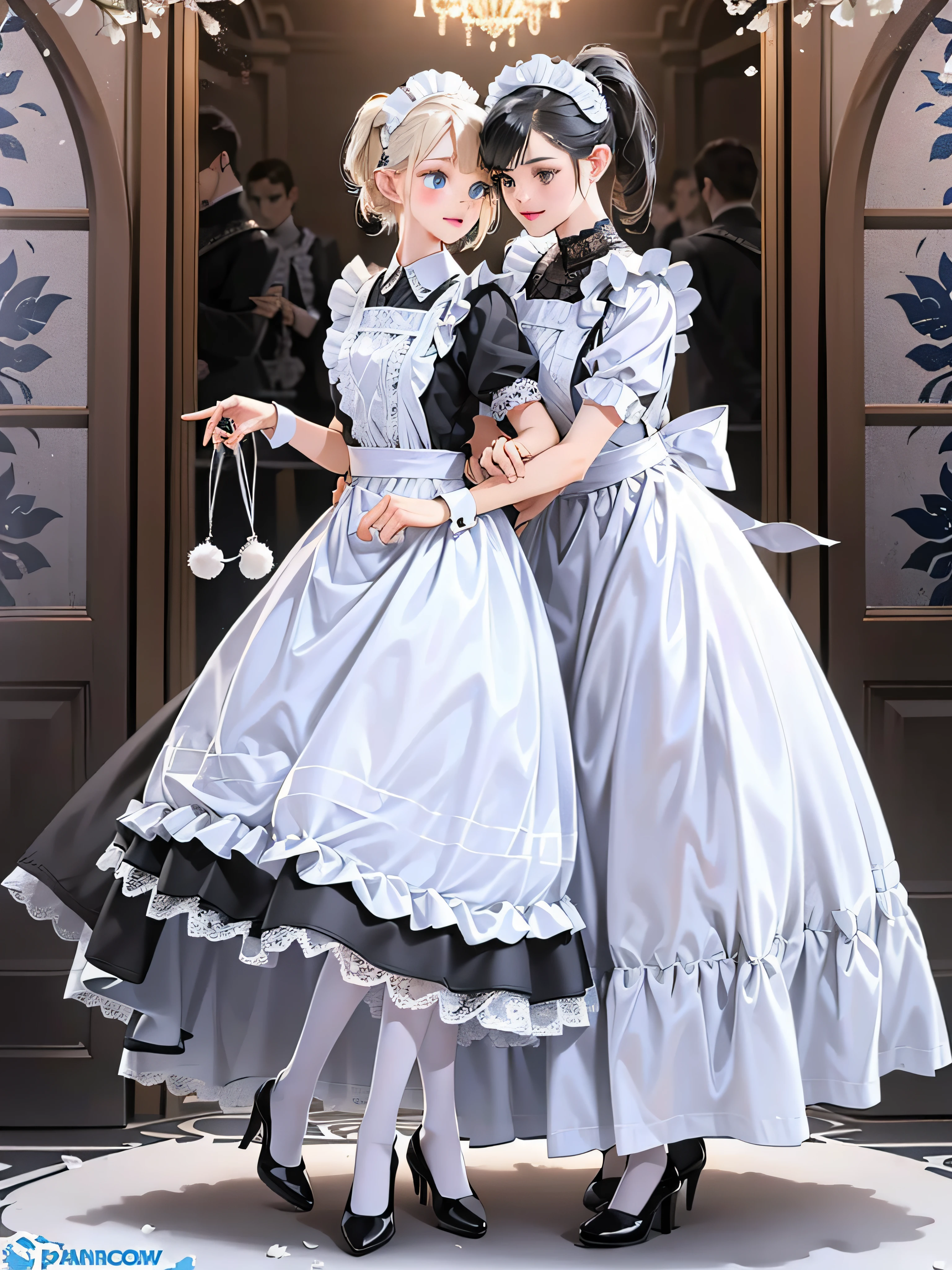 Two girls, an elven girl hugging a human girl from behind,
Elf Girl (Full Body, Platinum Blonde,Twin Tails, Blue Eyes, Smiling, Solid Black Short Maid Outfit (Short Sleeves, Puff Sleeves, White Cufflinks, Cuffs with One Black Button, White Collar, Thigh Length Skirt), White Long Apron Dress (Apron with breastplate, Length to hem of skirt, Shoulder straps, White lace ruffles at shoulder straps, Large ribbon knot at the back), Red ascot tie, Head headband with white lace ruffles, White stockings, White panniers (lace hem), Black enamel shoes (high heels),
Human girl (full body, black hair, ponytail, brown eyes, slightly embarrassed look), short maid outfit in a light blue dress (short sleeves, puff sleeves, white cuffs with cufflinks, cuffs with one black button, white collar, thigh length skirt), white apron, dark blue string tie, head headband with white lace ruffles, black stockings, white panniers (lace hem of panniers) , white enamel shoes (high heels),
Mucha style background with white lilies scattered