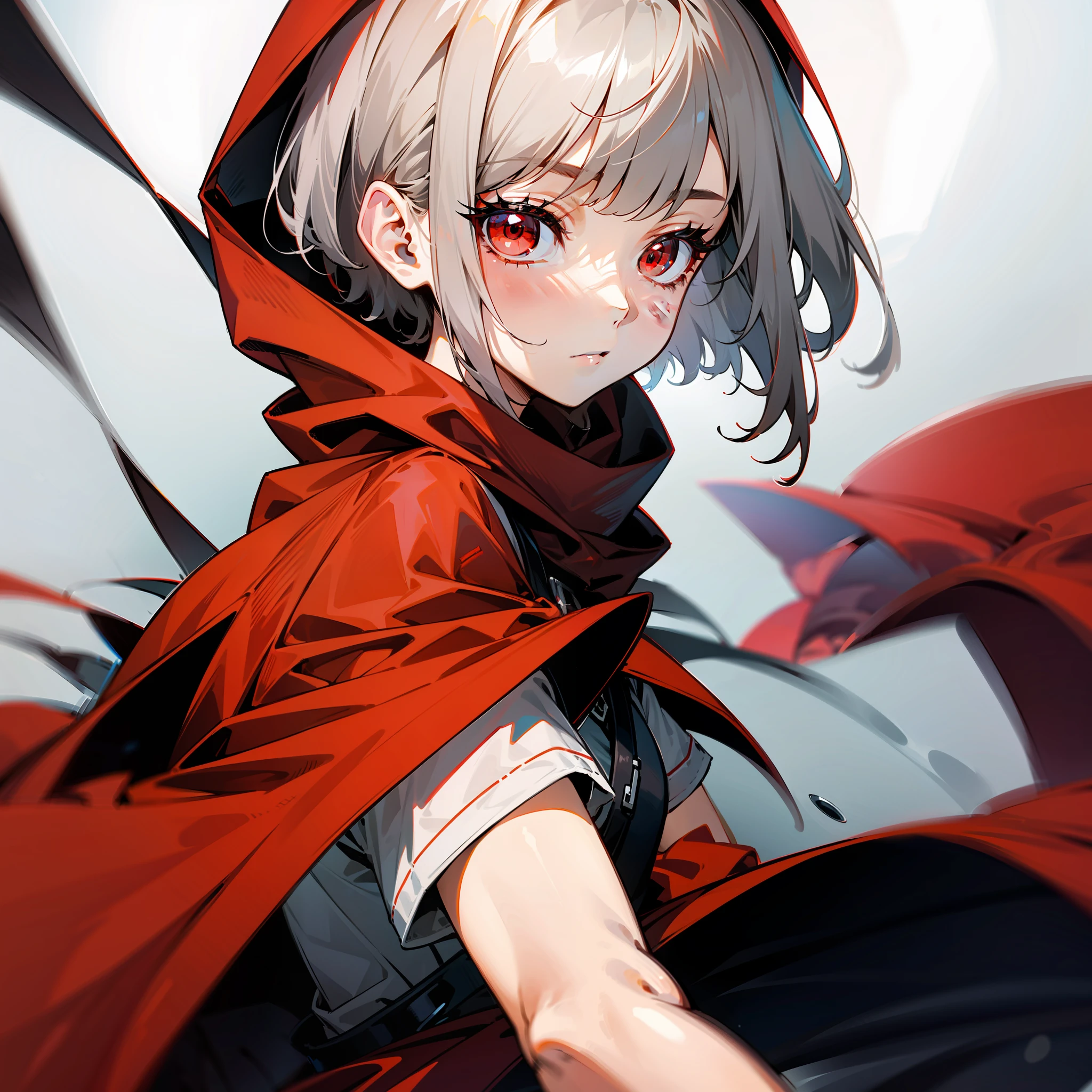 Pure gray hair, red eyes, short and medium hair, straight bangs on both sides of the hair, female, red cape, red hood, red scarf, girly, expressionless.