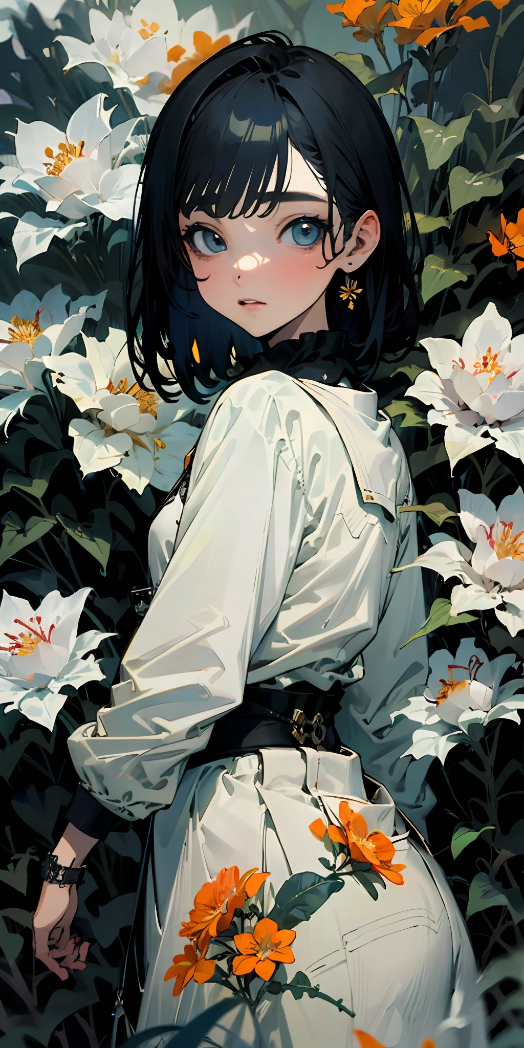 best quality, 4K wallpaper, masterpiece, extremely detailed CG unity 8k wallpaper, extremely detailed eyes, ultra-detailed, intricate details, jppop art style, 1girl, looking at viewer, outdoors, garden, full flower, flower background,