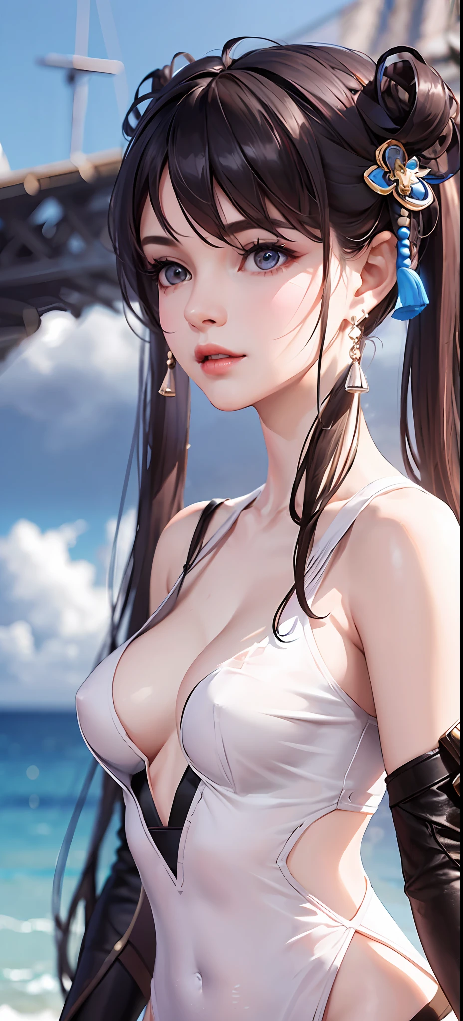1 Girl, Solo, Ocean, 8K, Ultimate Quality, Real Details, Delicate Face, Pale Eyes, Gorgeous Dress (Ultimate Detail), Upper Body Photo (Realistic Texture)