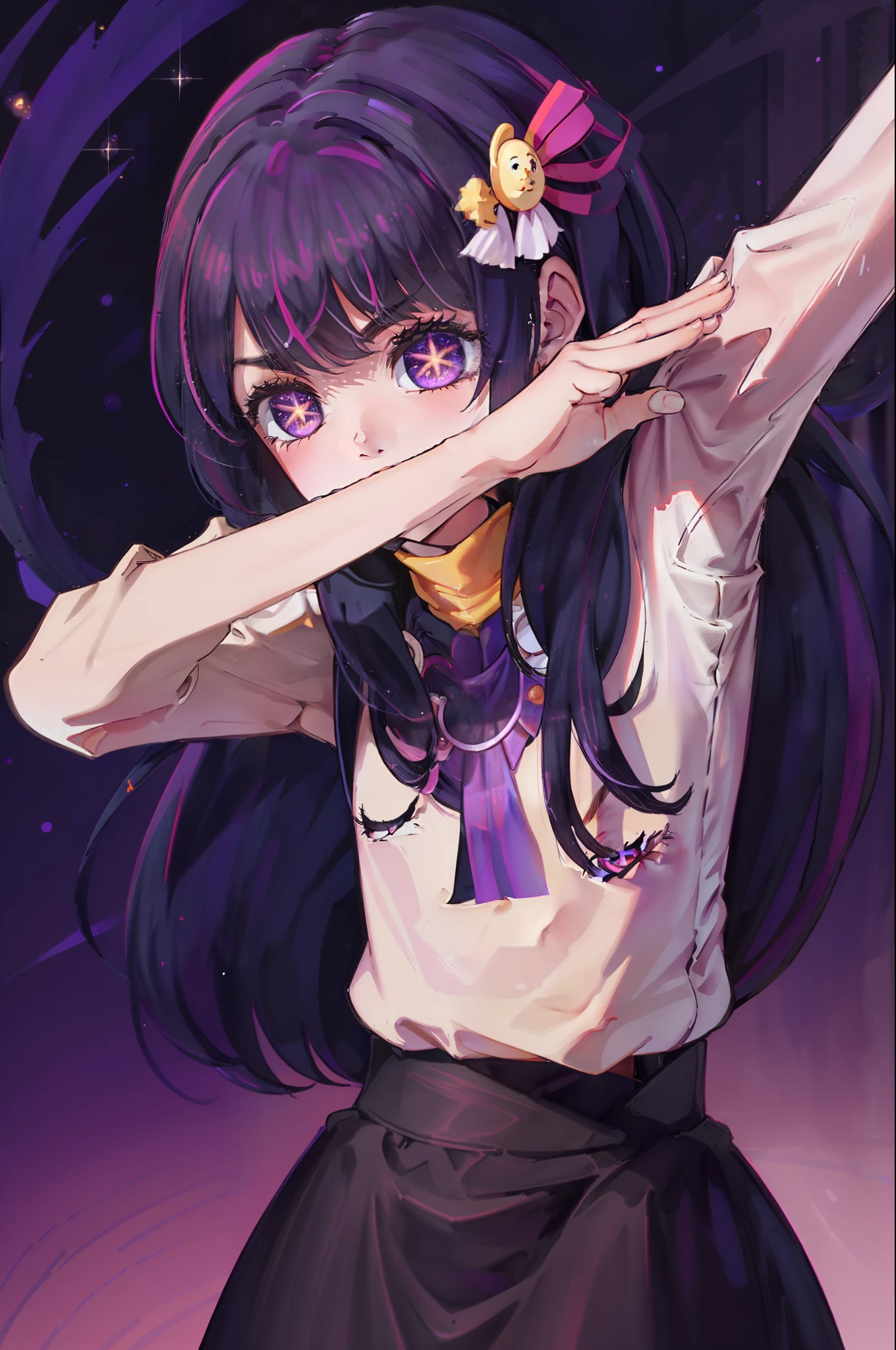 Hoshino Ai, long hair, purple hair, streaked hair ,purple eyes, star-shaped pupils, hair ornament dabdance