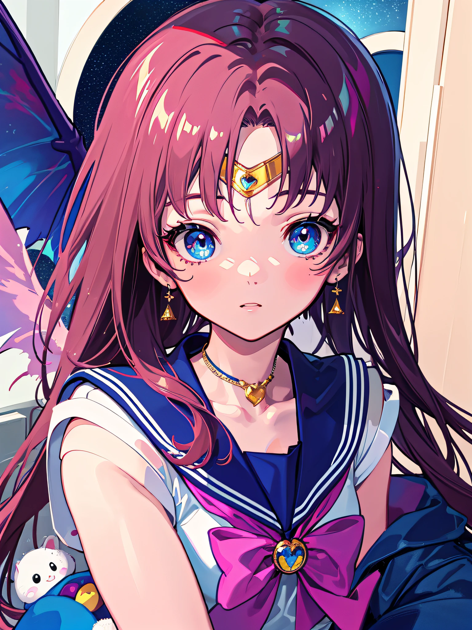 ((Masterpiece)), sailor moon costume, beautiful wings, beautiful face, beautiful eyes, rabbit stuffed animals, fantasy background, ultra detailed