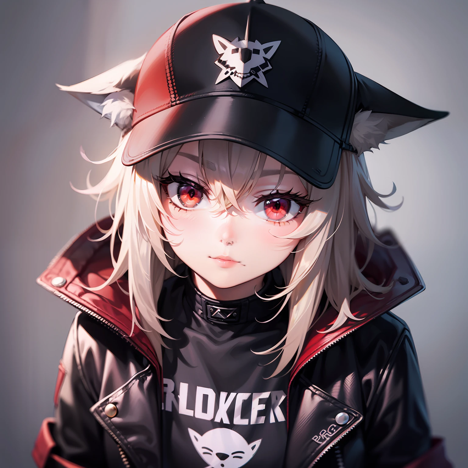 (anthropomorphic fox cute cub) with black jacket, red eyes, bad girl, young, portrait, bust, posture facing the camera, cartoon, dressed as metalhead rocker of the years 2086 masterpiece, posture of confident,