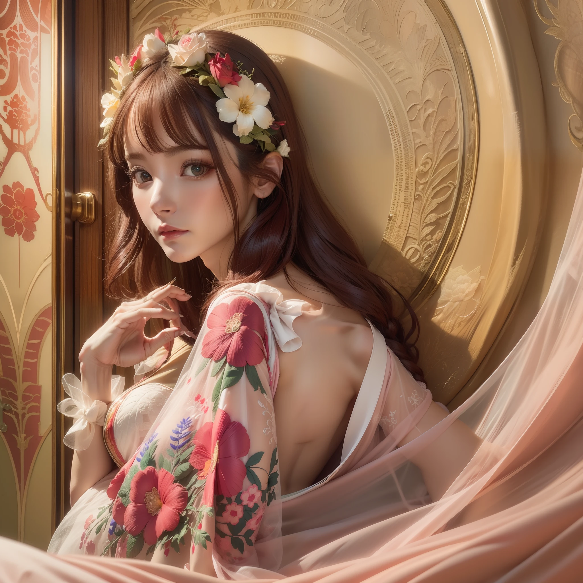 Best Quality, Realistic, 8K, High Resolution, 1girl, Art Nouveau Fashion Embroidery, Elegance, Ultra Realistic, Ultra Detailed, Exterior Color, Full Nude