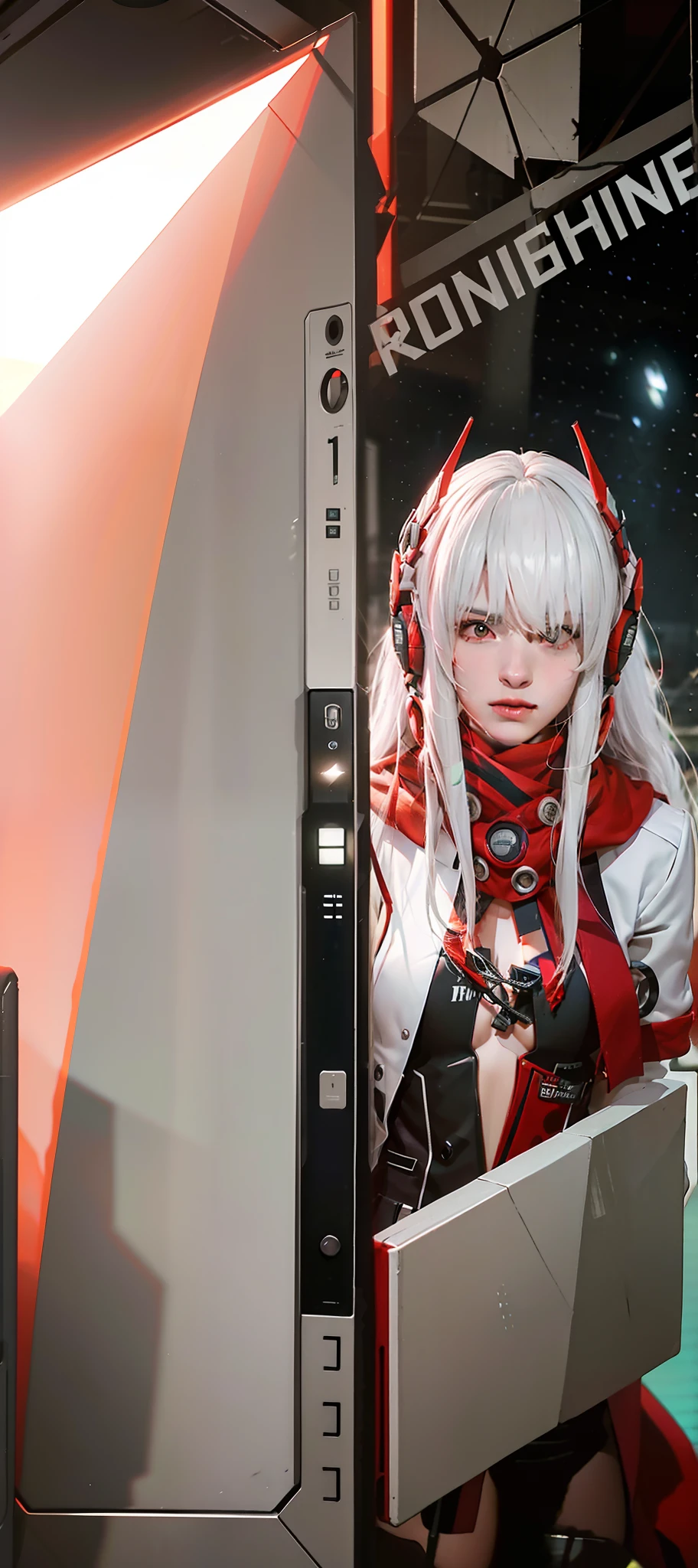 Photorealistic, white hair, sci-fi girl, lucia alpha, red shall, medium breasts, opened collars, sci-fi face ornaments, black and red dress, sci fi dress, high quality